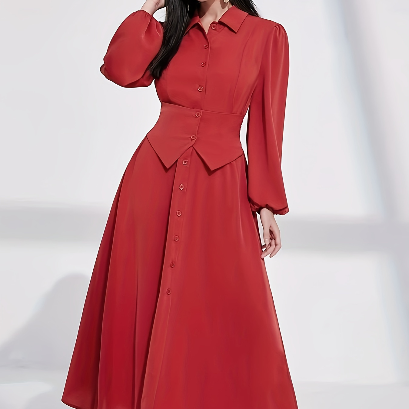 

Robe longue à manches longues, élégante et unie, avec boutons sur le devant, vêtements pour femmes