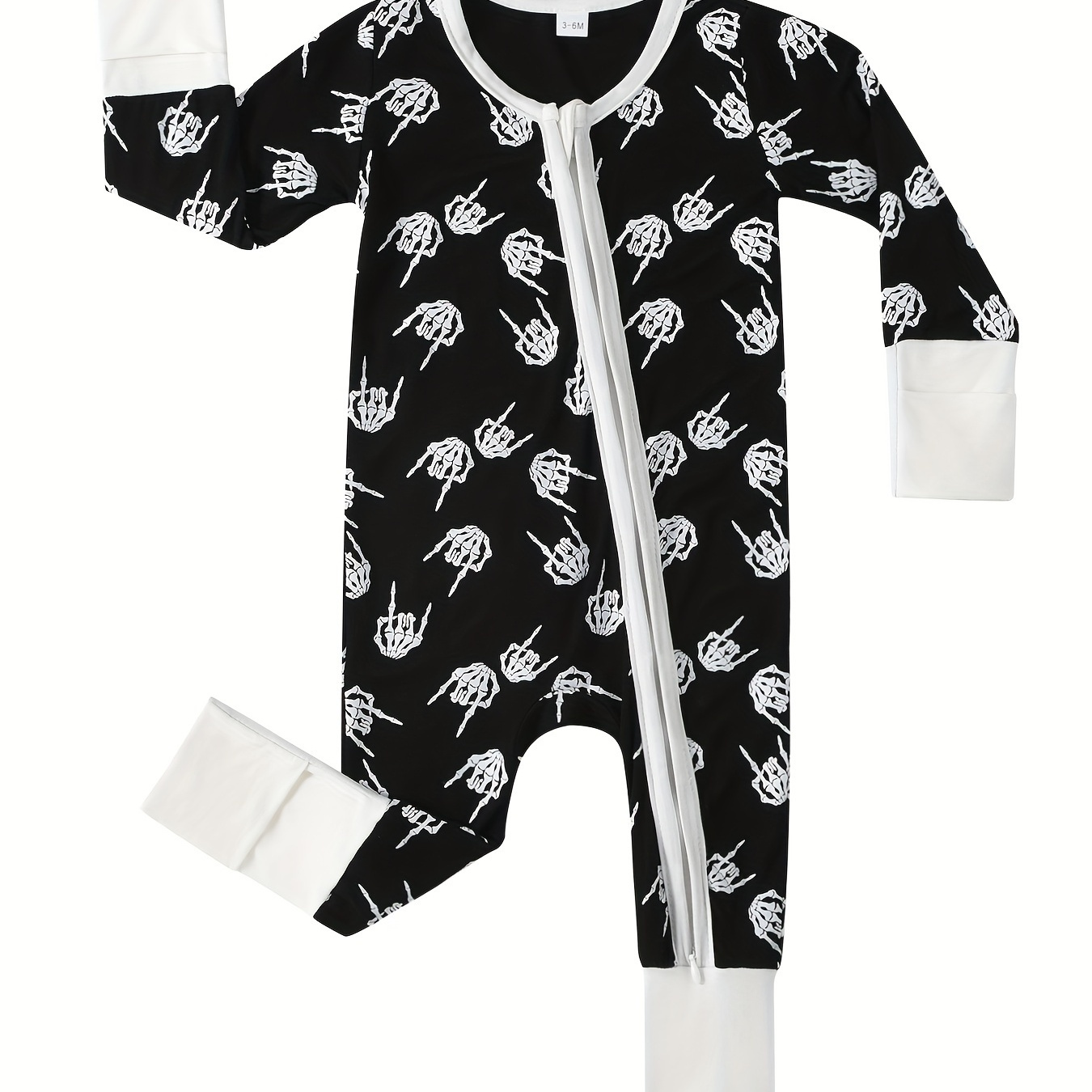 

Baby's Rock Skeleton Hand Full Print Bamboo Fiber Bodysuit, Casual Zip Up Long Sleeve Romper, Toddler & Infant Boy's Clothing