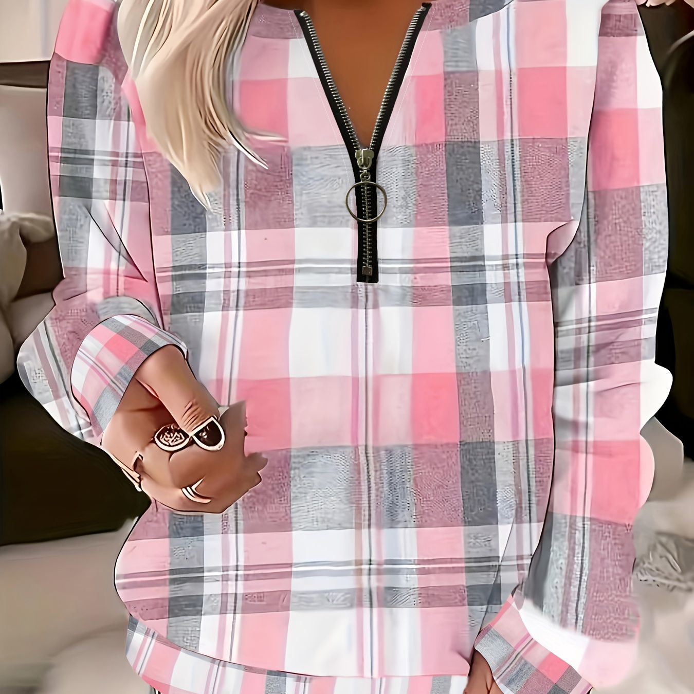 

Plus Size Pattern Zip Up T-shirt, Casual Long Sleeve Top For Spring & Fall, Women's Plus Size Clothing