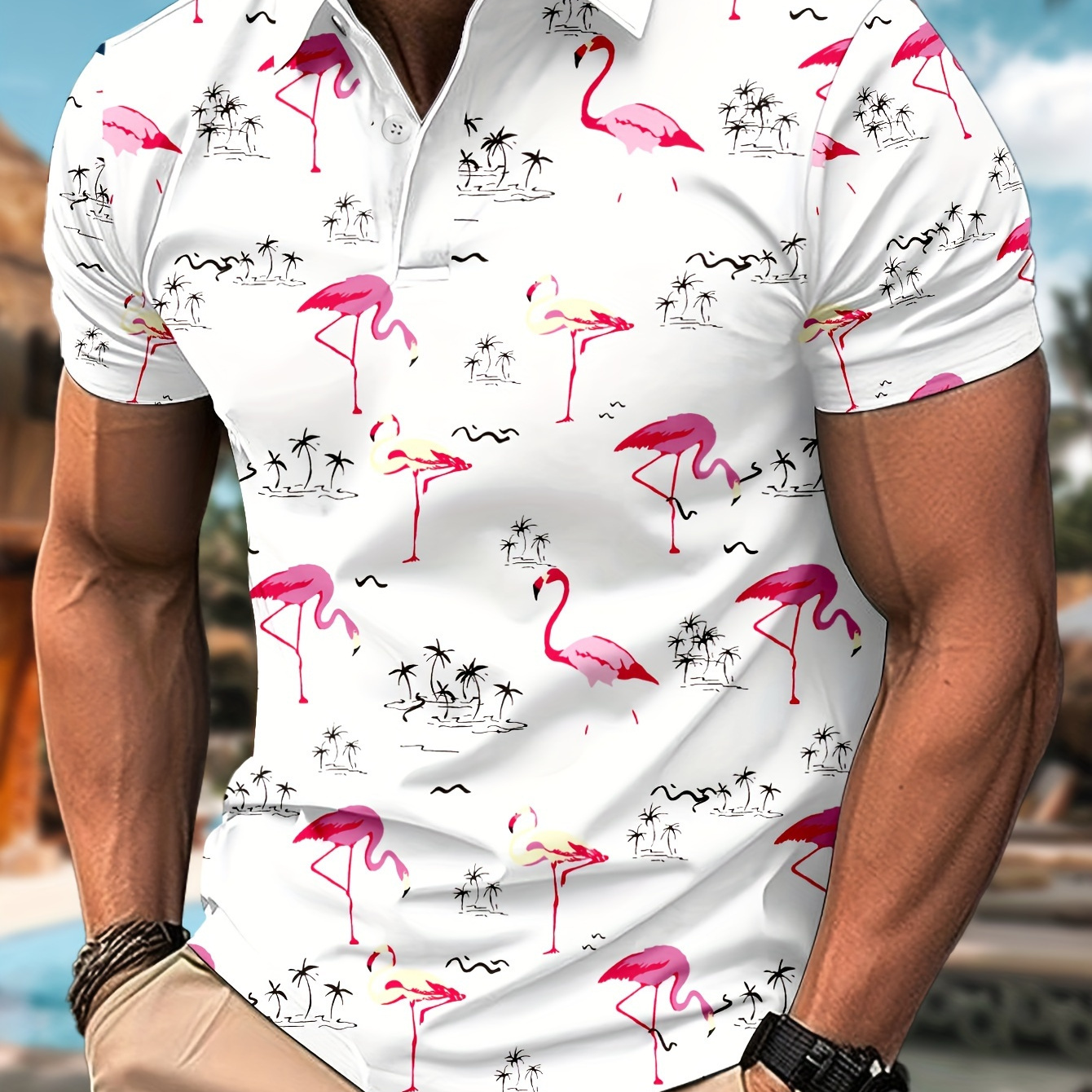 

Men's Flamingo Print Short Sleeve Golf T-shirt, Summer Trendy Casual Tennis Tees For Males