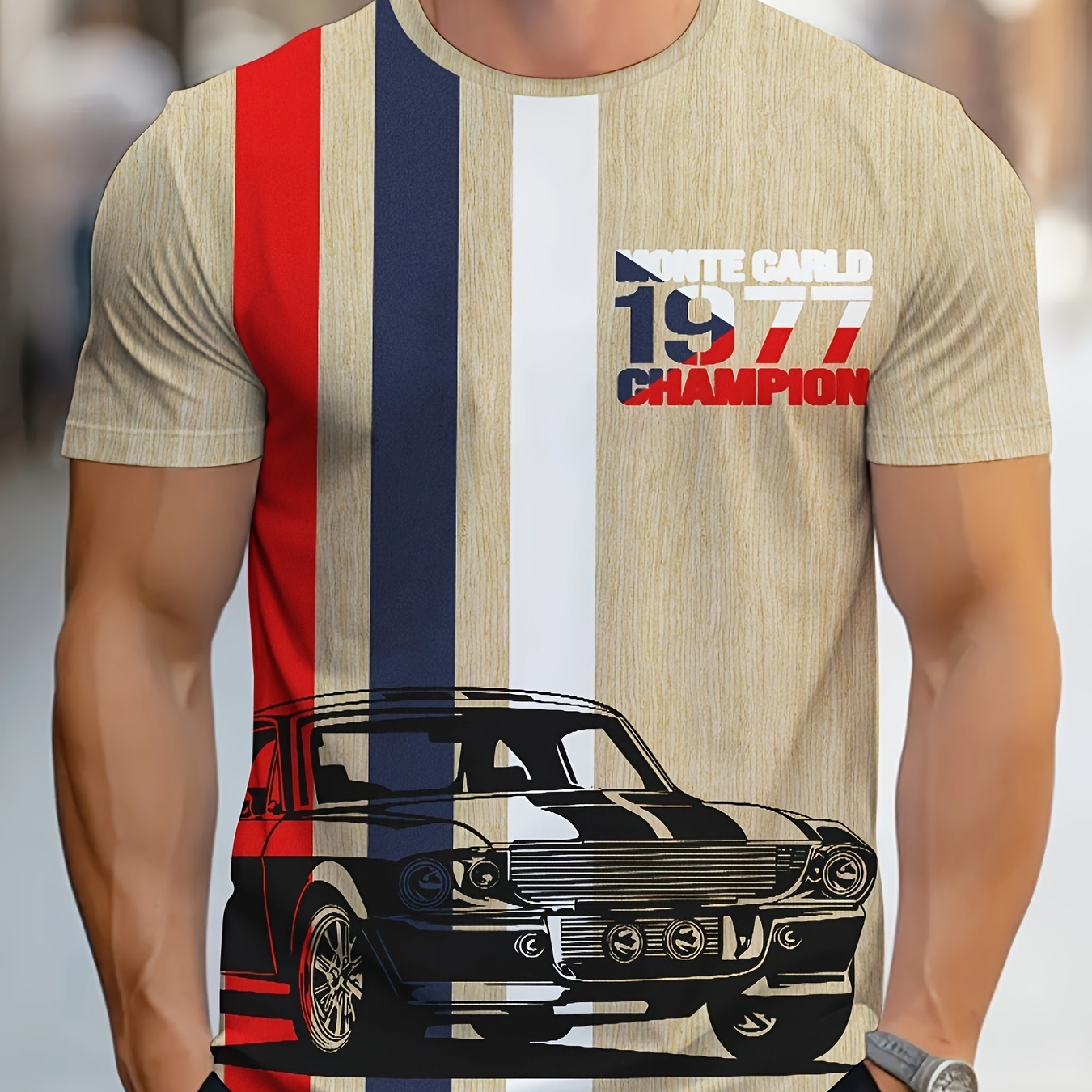 

Men's Car Print Striped T-shirt, Casual Short Sleeve Crew Neck Tee, Men's Clothing For Outdoor