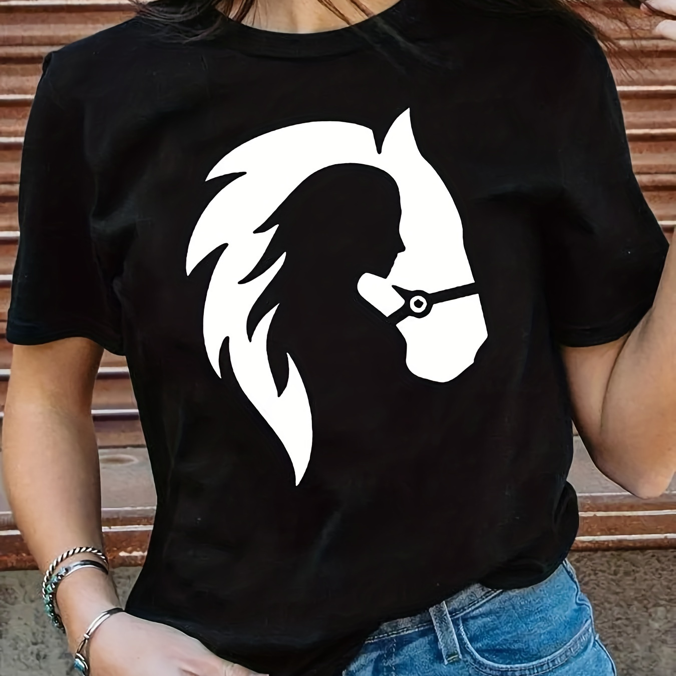 

Horse Head Print T-shirt, Short Sleeve Crew Neck Casual Top For Summer & Spring, Women's Clothing