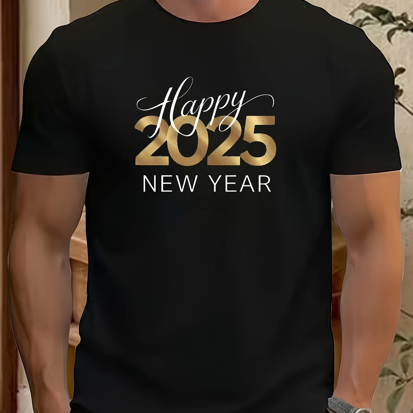 

1pc Men's 2025 Happy New Year T-shirt - Polyester Knit Crew Neck Top With Slight Stretch, Short Sleeve, Regular Fit - Mature Style Fashion Casual Tee