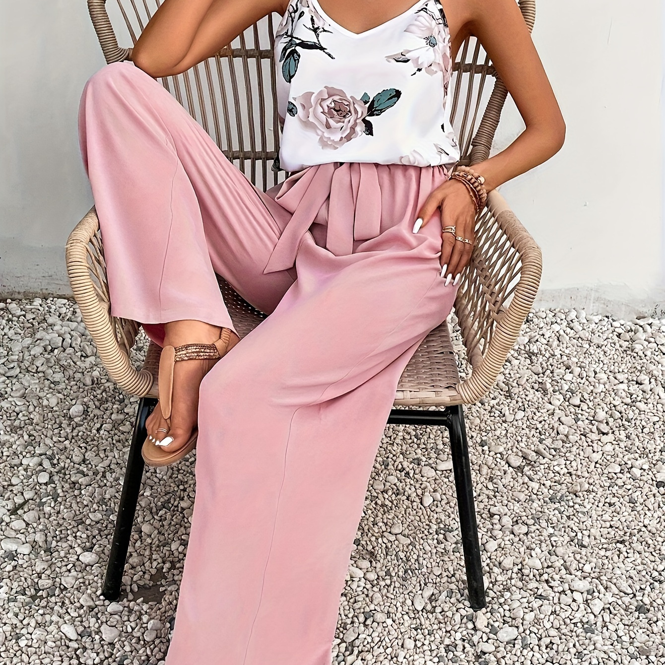 

Floral Print Summer Two-piece Set, V Neck Cami Top & Belted Solid Color Pants Outfits, Women's Clothing