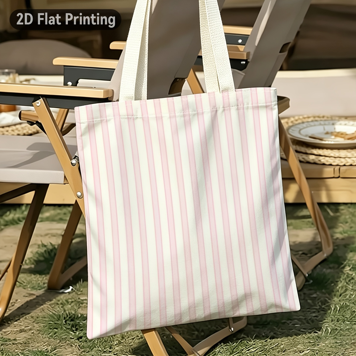 TEMU 2d Flat 1pc Minimalist Pink Vertical Stripes Durable Tote Bag, , Duplex Prints Soft Pink And , Ideal For Grocery Shopping, Casual , , For Office