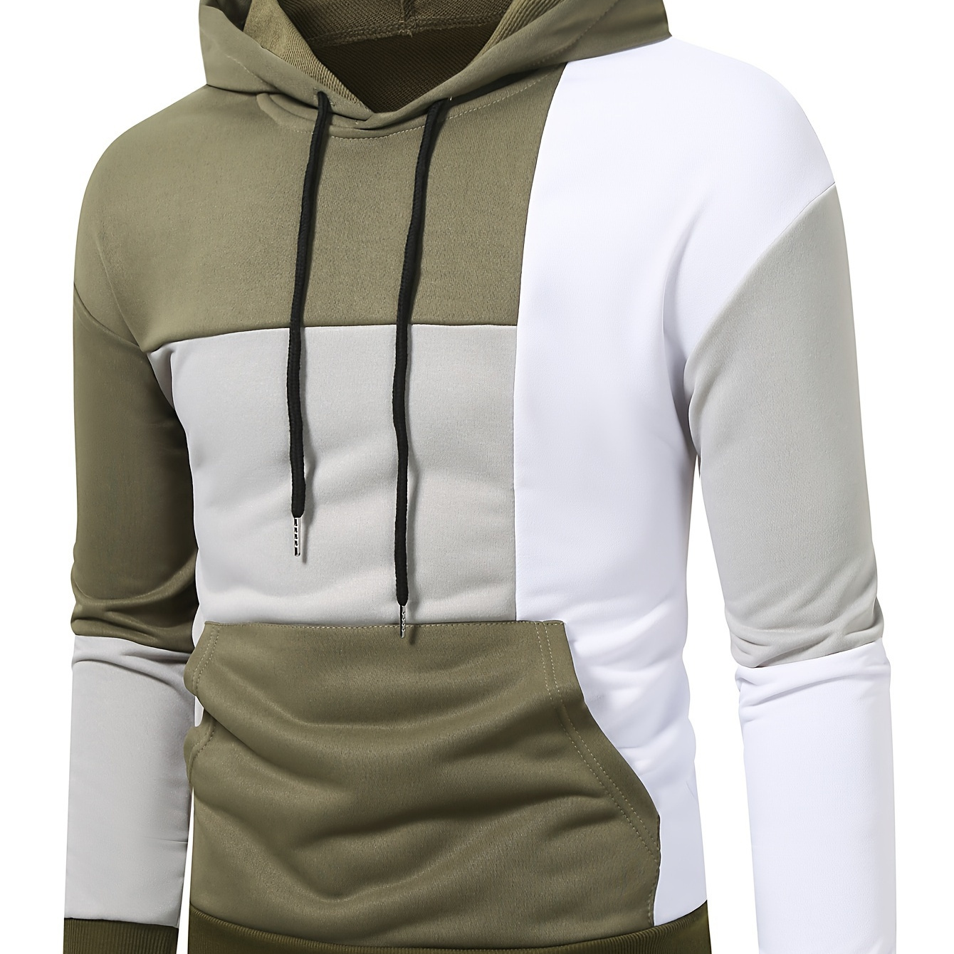 

Patchwork Hoodie With Kangaroo Pocket, Men's Casual Solid Color Slightly Stretch Drawstring Pullover Hooded Sweatshirt For