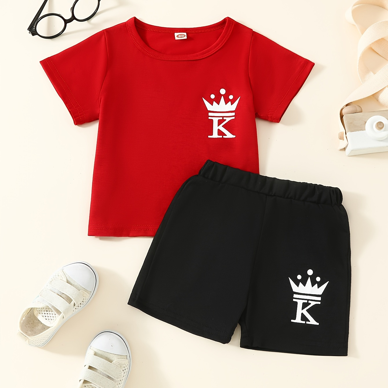 

2pcs Toddler Kid's King & Crown Print Summer Set, T-shirt & Casual Shorts, Baby Boy's Clothes