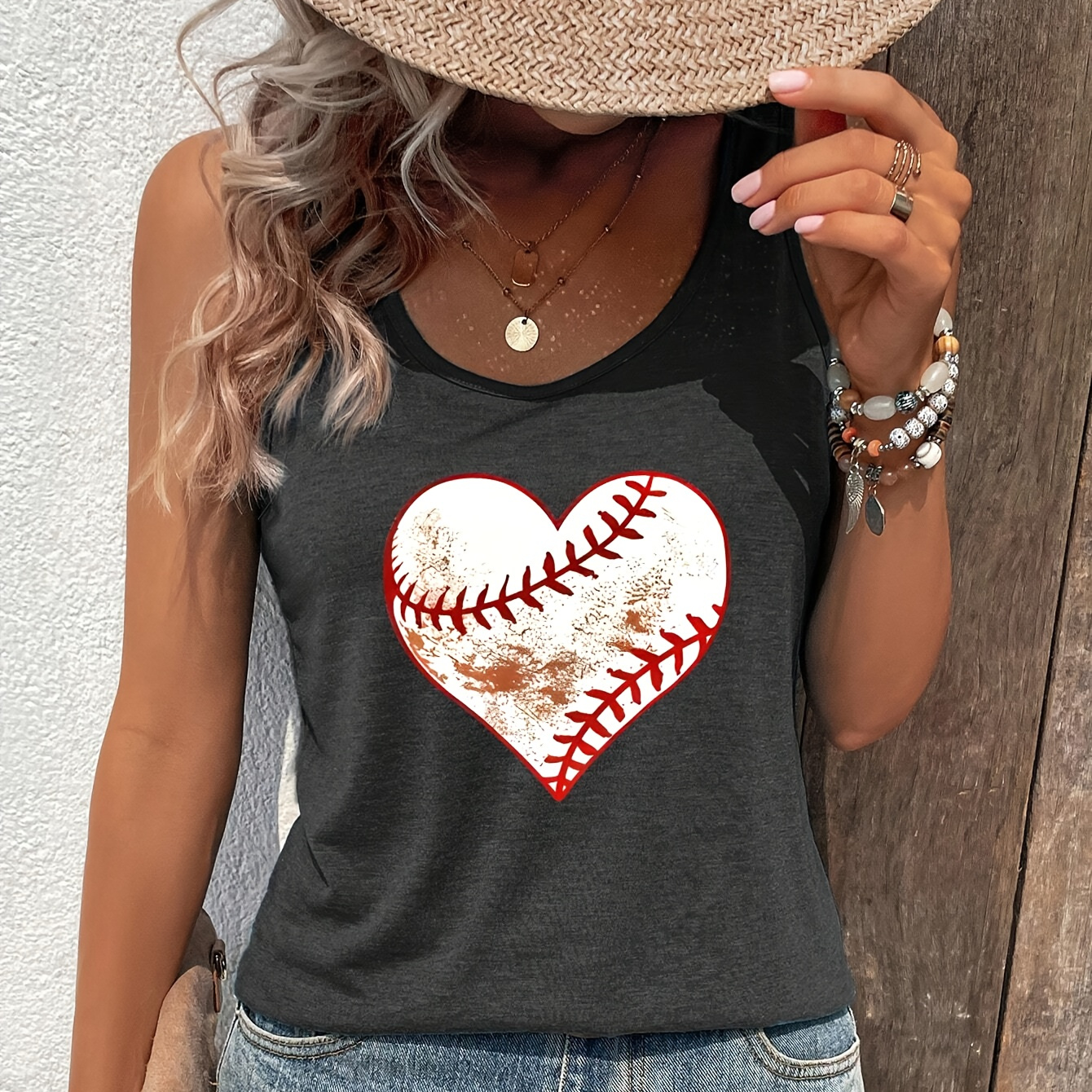 

Baseball Print Crew Neck Tank Top, Casual Sleeveless Top For Spring & Summer, Women's Clothing