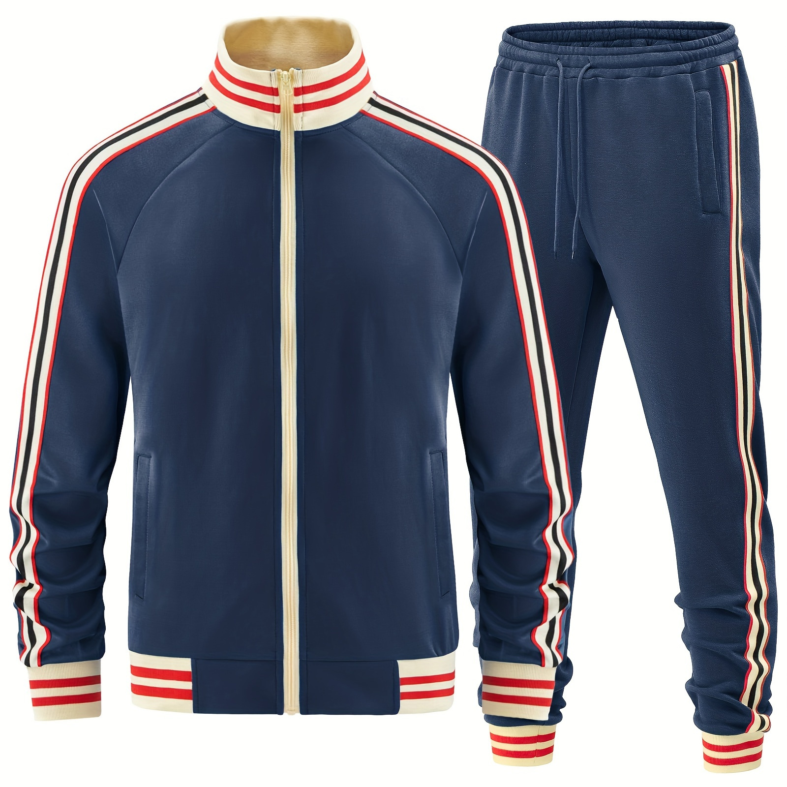 

Men's Autumn Winter Striped Track Suit With Stand Collar Zipper Jacket And Casual Sports Pants 2pcs Set