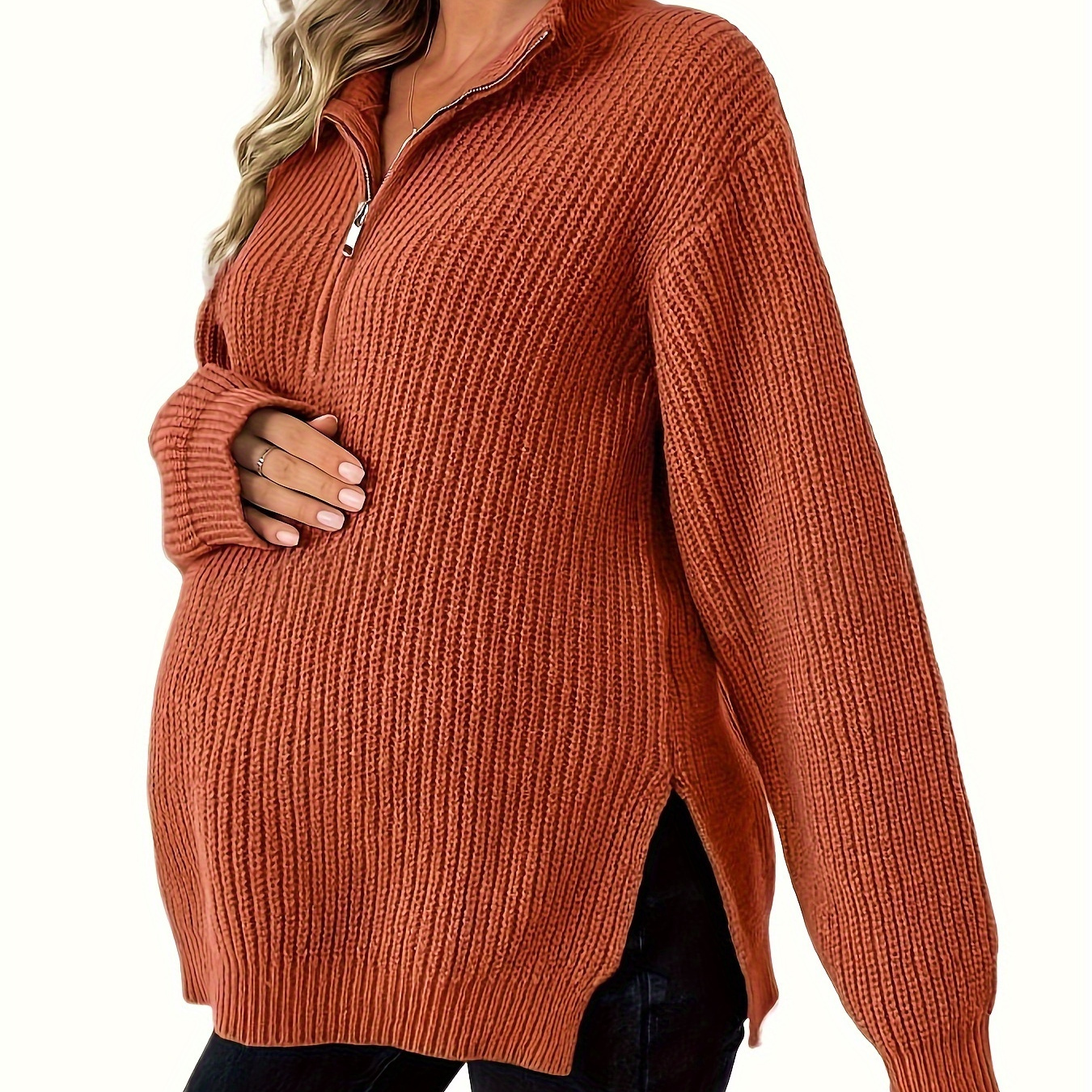 

Elegant Maternity Pullover Sweater - Brick Red Knit Long Sleeve Top With Slit Hem