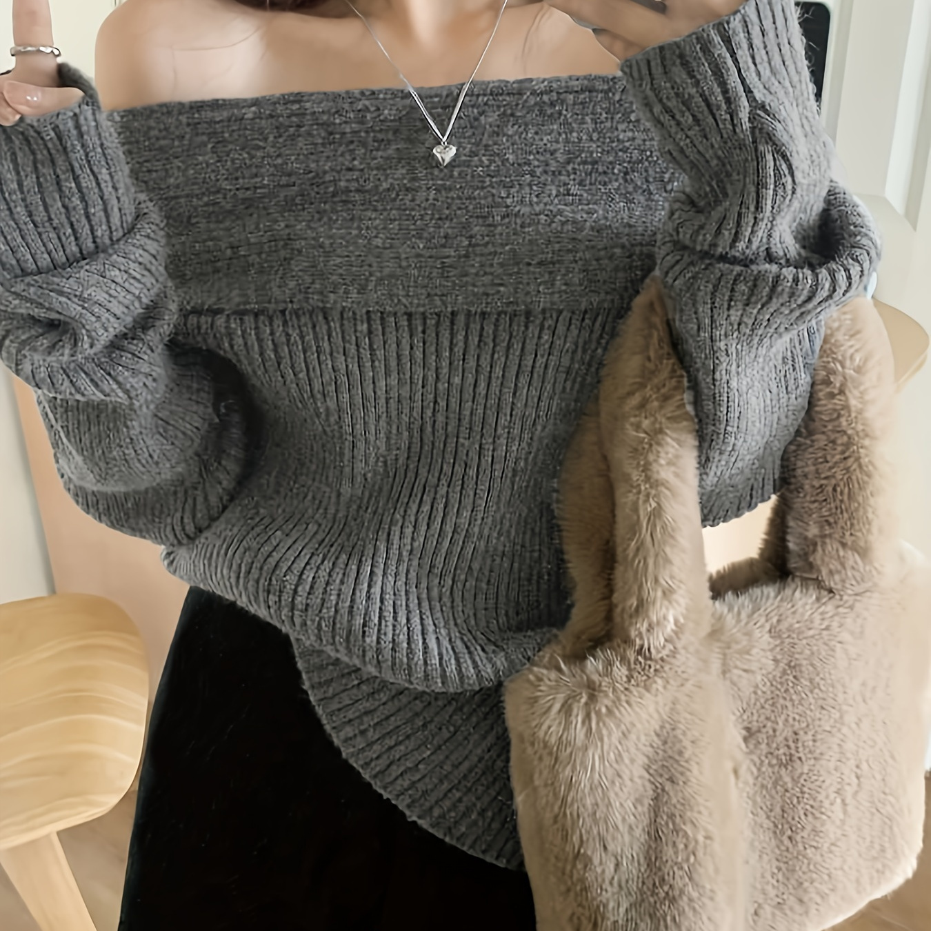 

Chic Off-shoulder Ribbed Long Sleeve Women's Sweater - Cozy Acrylic , Solid Color, Fall/winter, Hand Or Only, Knit Sweater