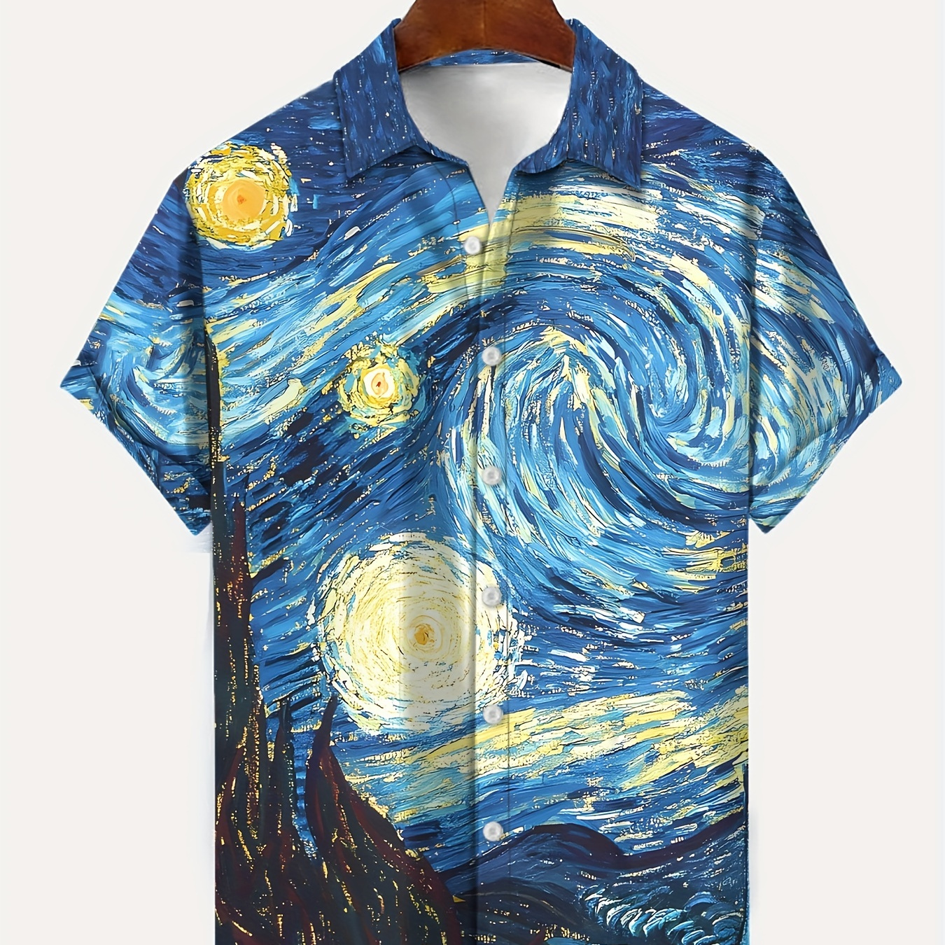 

Men's Starry Sky Graphic Print Shirt, Casual Lapel Button Up Short Sleeve Shirt For Outdoor Activities