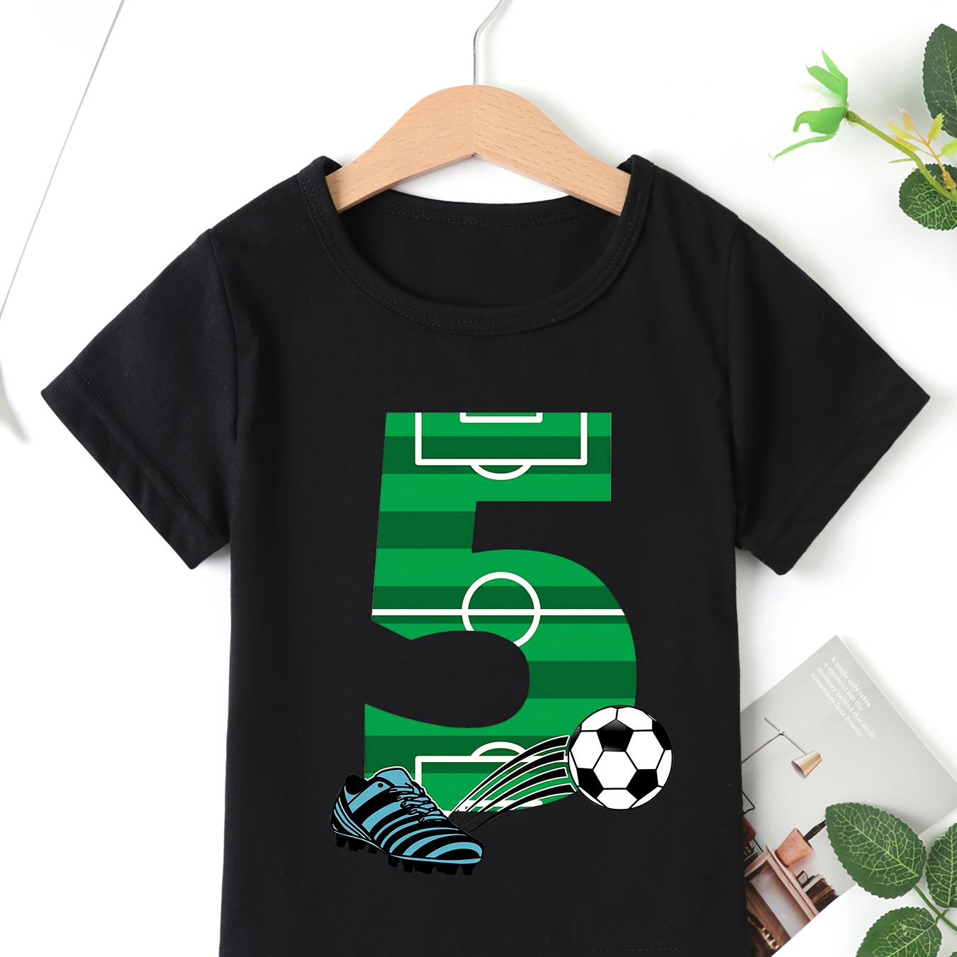 

Soccer & Number 5 Print Casual Short Sleeve T-shirt For Boys, Cool Comfy Lightweight Versatile Tee Top, Boys Summer Outfits Clothes
