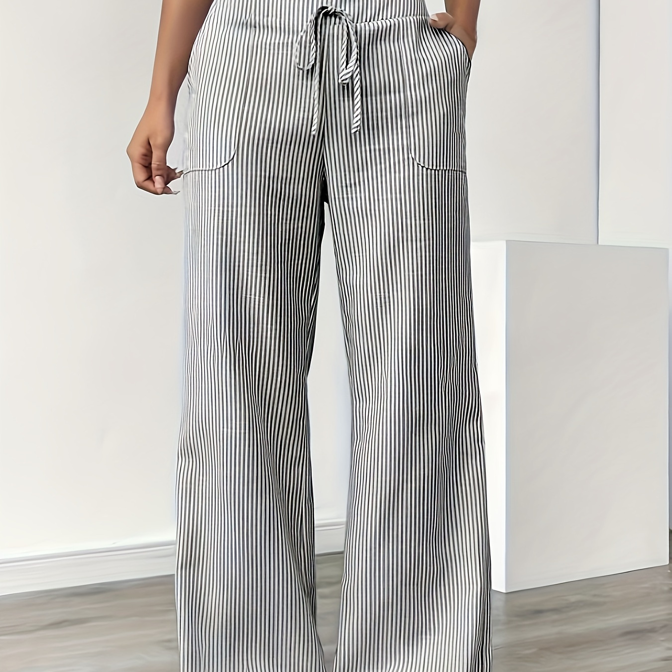 

Pantalon large à imprimé rayé, décontracté avec cordon de serrage, taille haute, poches obliques, ample, pour le printemps et l'été, vêtements pour femmes.