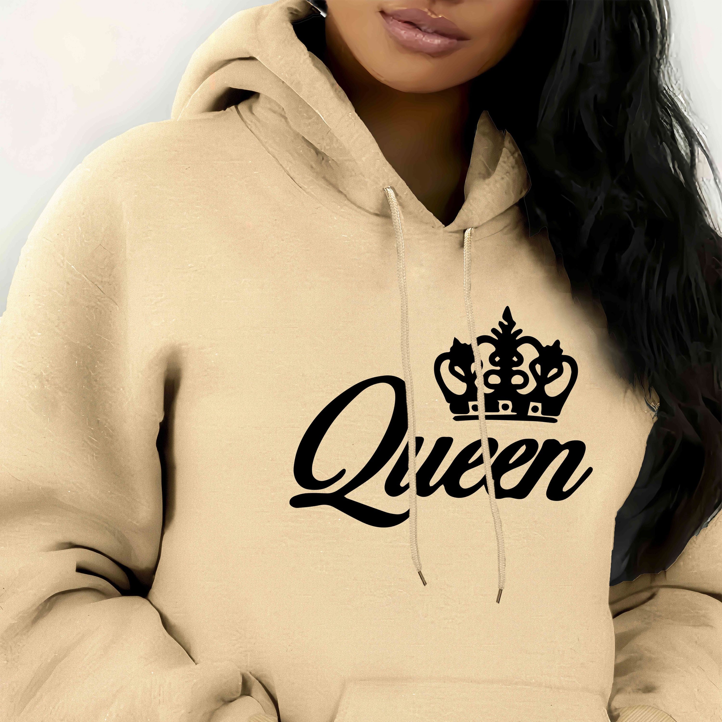 

Queen Letter Print Drawstring Hoodie, Casual Long Sleeve Kangaroo Pocket Sweatshirt For Fall & Winter, Women's Clothing