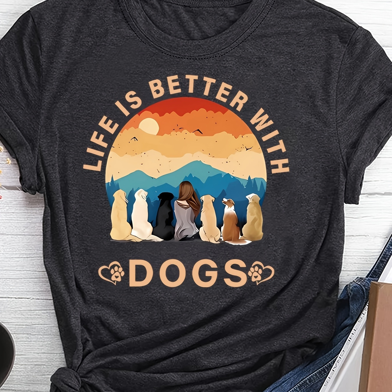 

Dogs Print Crew Neck T-shirt, Casual Short Sleeve Top For Spring & Summer, Women's Clothing