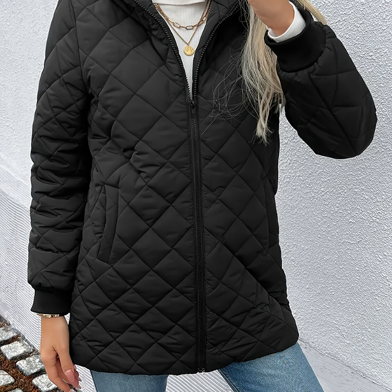 

Plus Size Plush Lined Zip Up Hooded Jacket Coat, Elegant Long Sleeve Thermal Outwear For Fall & Winter, Women's Plus Size Clothing