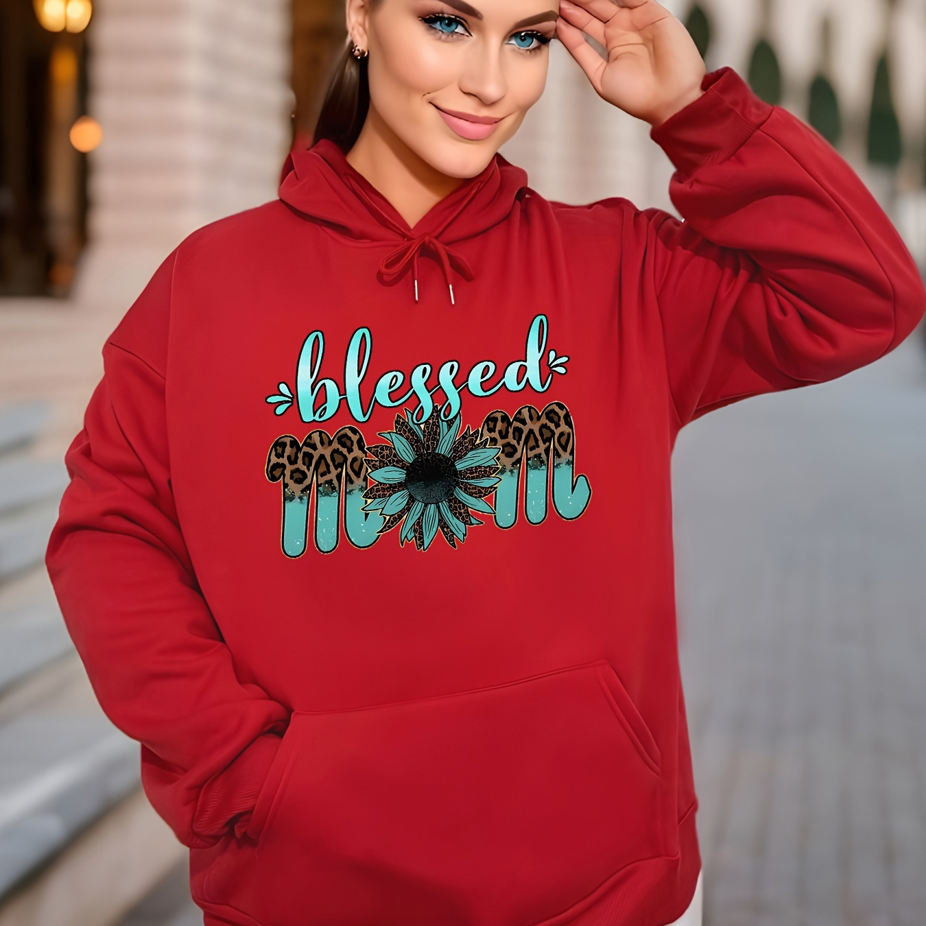 

Mom Letter & Sunflower Graphic Kangaroo Pocket Hoodie, Long Sleeve Drawstring Casual Hooded Sweatshirt, Women's Clothing