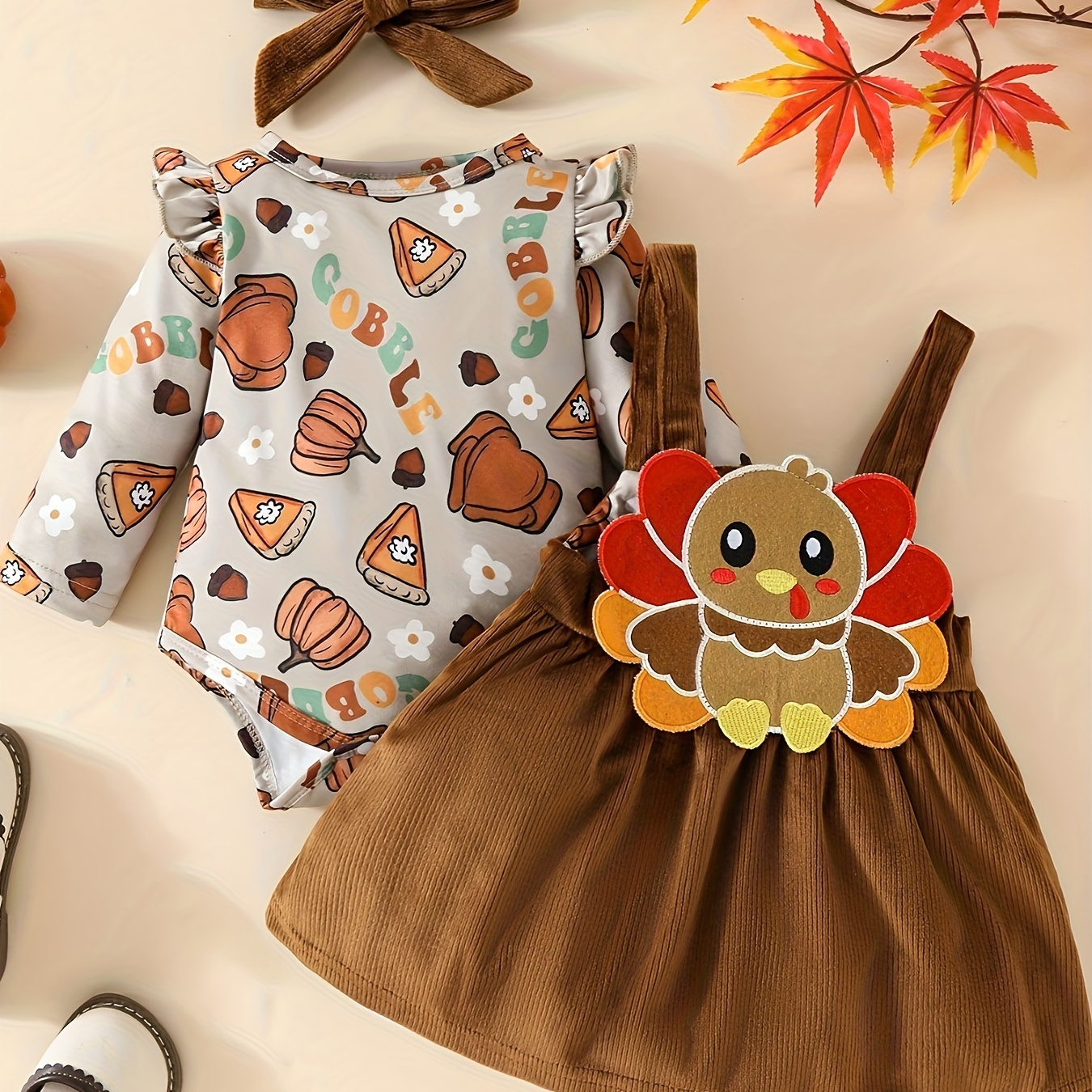 

2pcs Baby's Thanksgiving Turkey Patched Suspender Overall Skirt + Hairband + Bodysuit, Toddler & Infant Girl's Clothing Set