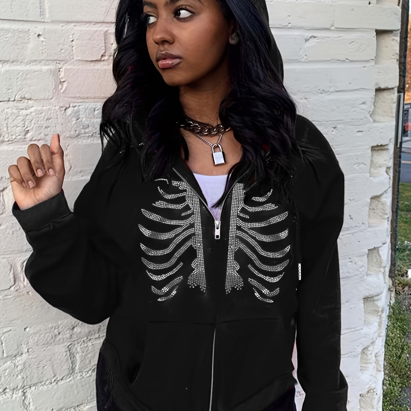 

Rhinestone Zipper Jacket, Casual Long Sleeve Hooded Outerwear For All Season, Women's Clothing