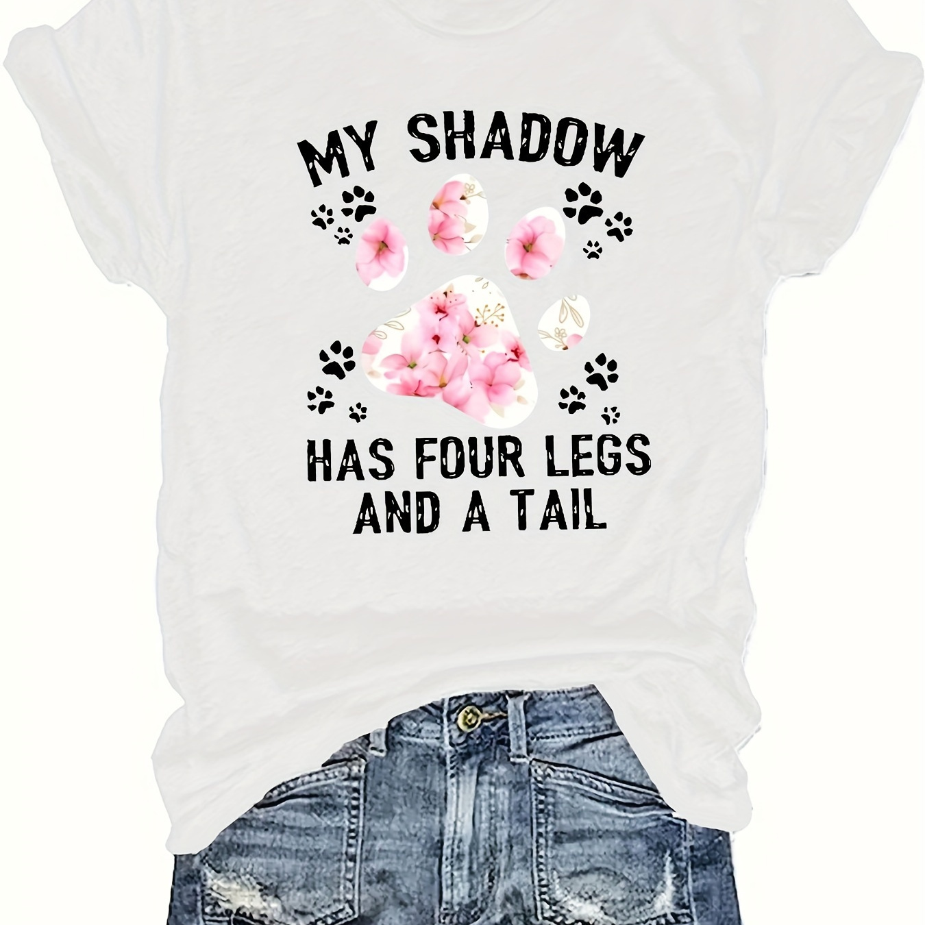 

Paw Print T-shirt, Short Sleeve Crew Neck Casual Top For Summer & Spring, Women's Clothing