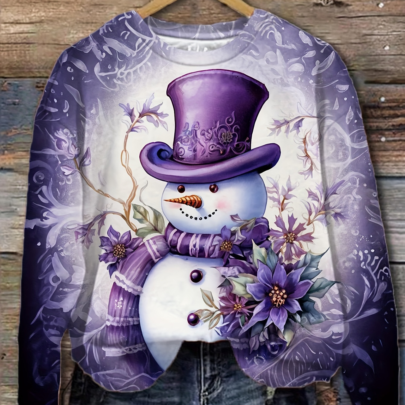 

Women's Plus Size Christmas Snowman Print Long Sleeve T-shirt - Casual, Stretchy Polyester , Machine Washable