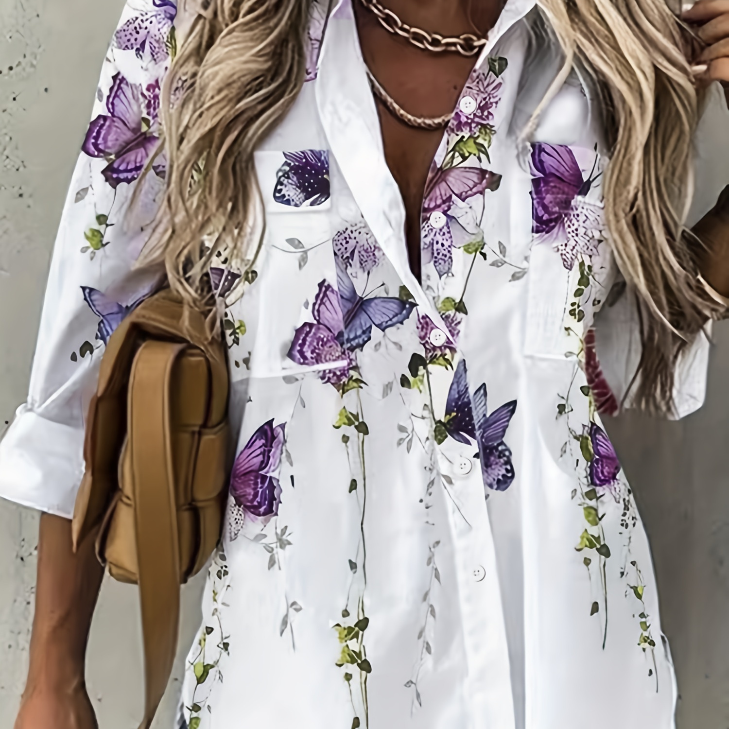 Plus Size Casual Blouse, Women's Plus Floral & Butterfly Print Button Up Long Sleeve Turn Down Collar Blouse