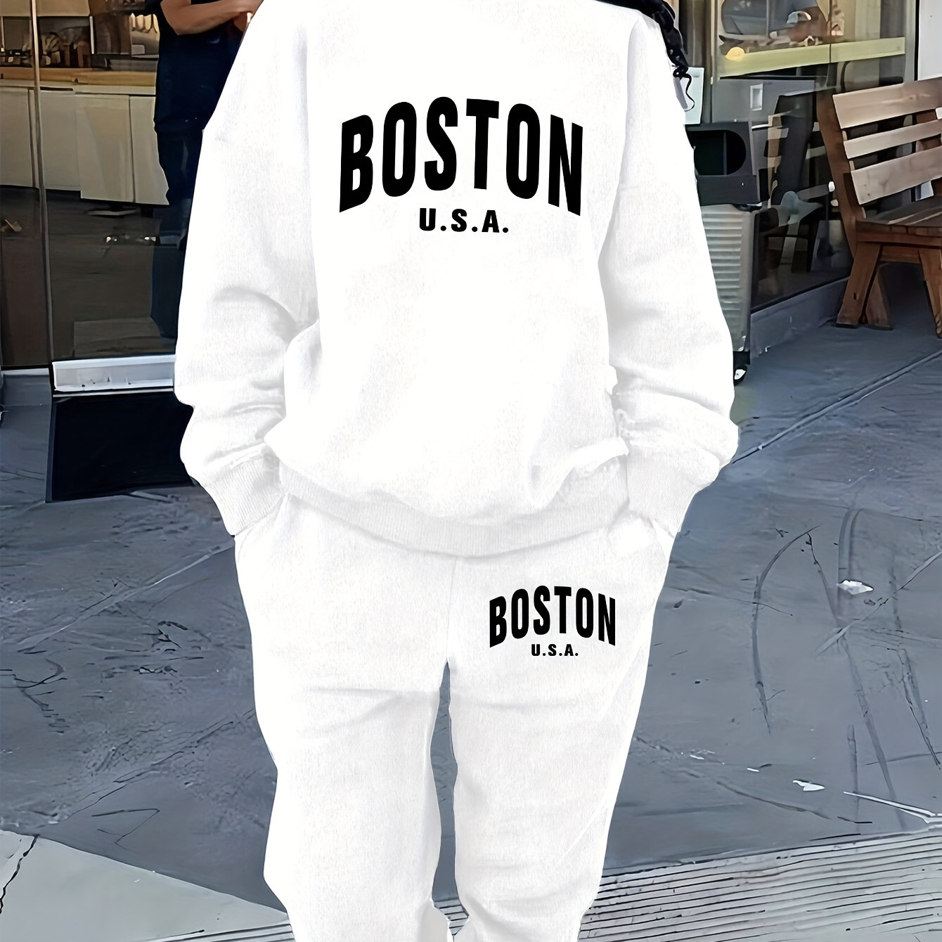 

Boston . Lettered Casual Crew Neck Sweater And Pants Set For Women - 100% Polyester Knit Fabric, Long Sleeve, Pocket Detail, Regular Fit, Fall/winter Season Pullovers Track Suit