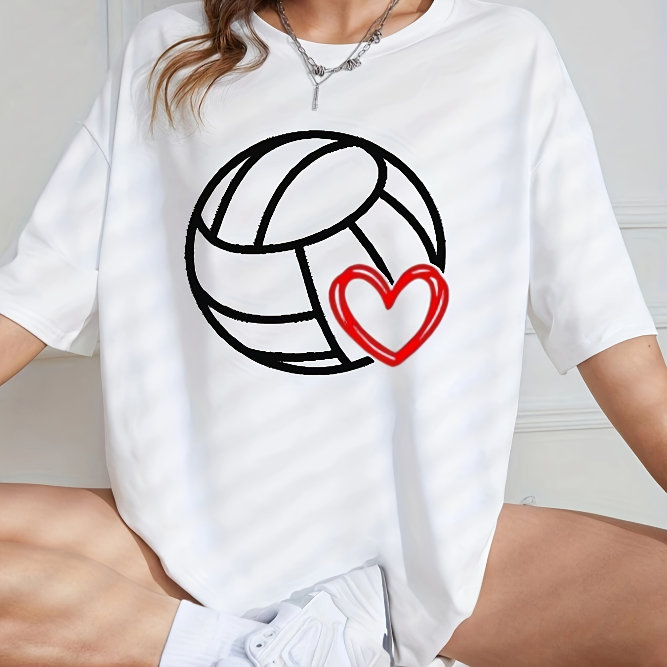 

Volleyball Print Crew Neck T-shirt, Casual Short Sleeve T-shirt For Spring & Summer, Women's Clothing