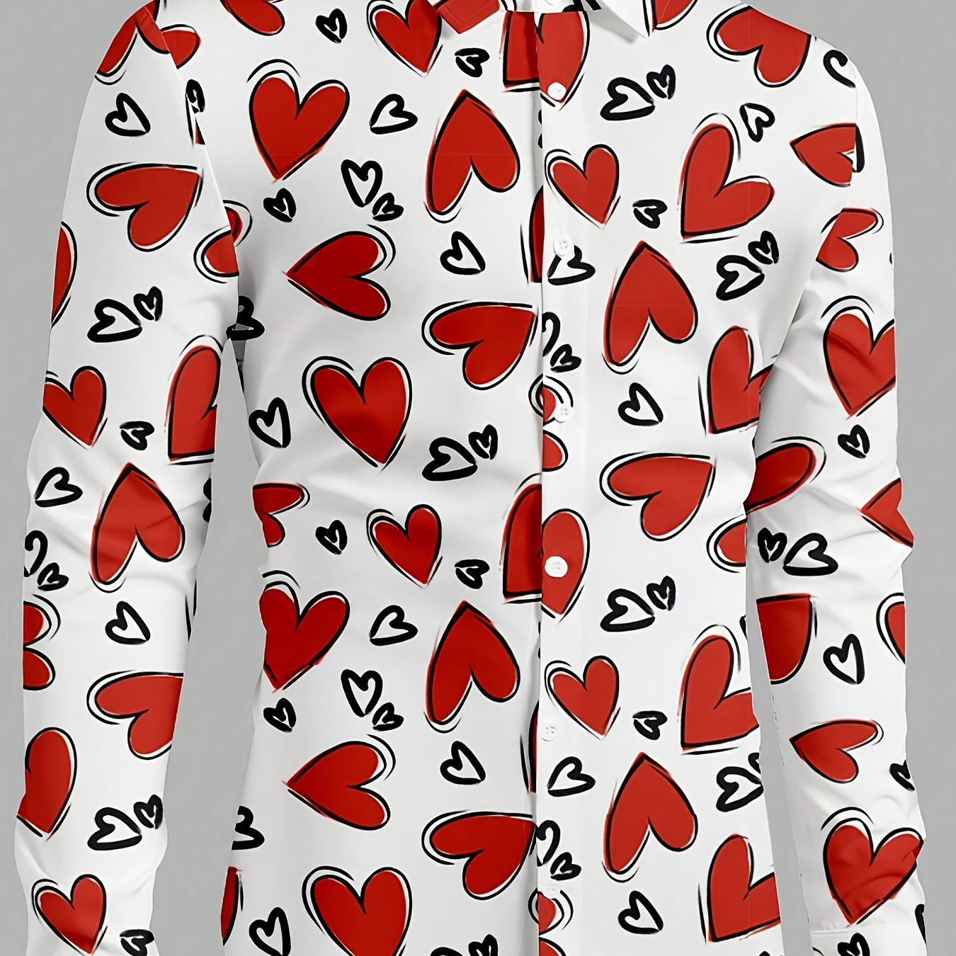 

Men's Valentine's Day Casual Shirt, Heart-shaped Print, Long Sleeve, Polyester 95% Elastane 5%, Non-stretch Woven Fabric, Regular Fit, Lapel Collar, Button , Fall/winter Season