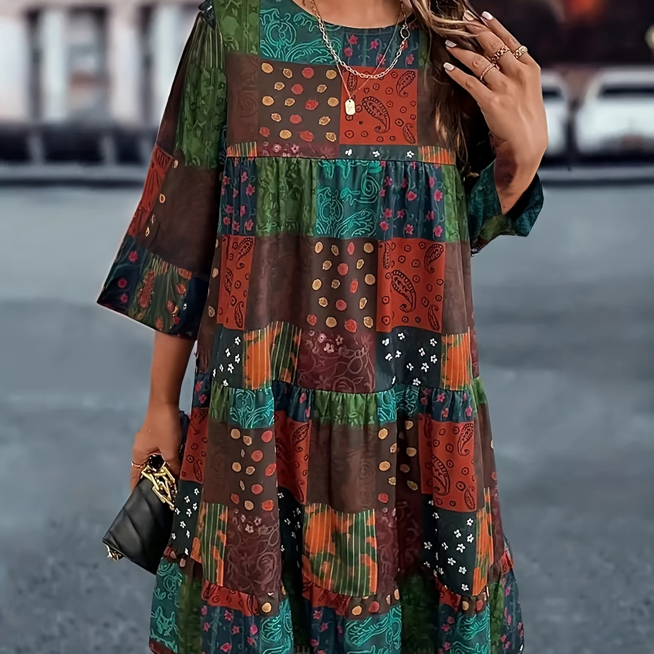 

Plus Size Paisley & Patchwork Print Tiered Dress, Boho 3/4 Sleeve Crew Neck Dress For Spring & Summer, Women's Plus Size Clothing