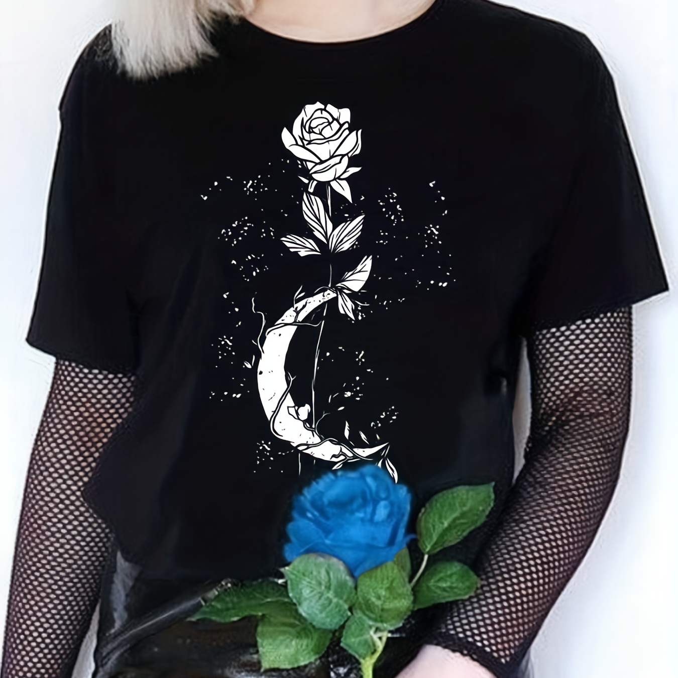 

Rose & Moon Print Goth Style Tee, Casual Short Sleeve T-shirt For Spring & Summer, Women's Clothing For Y2k/grunge Style