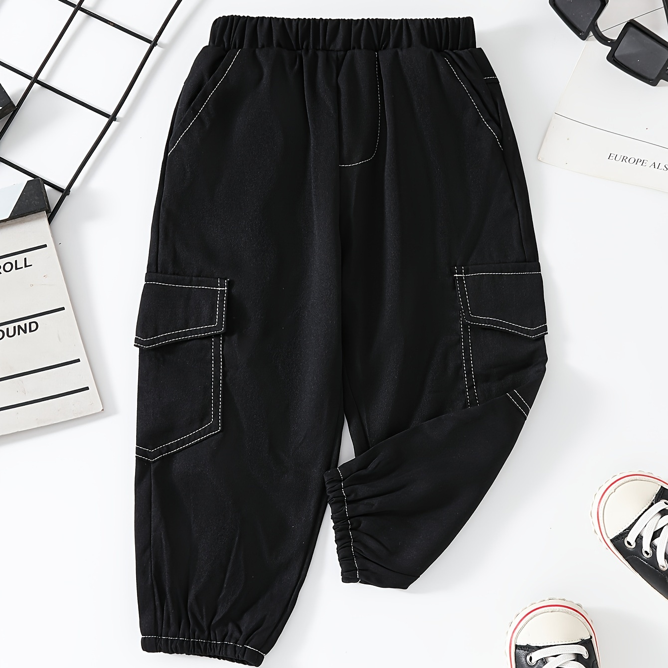 

Baby's Pockets Patched Cargo Pants, Casual Elastic Waist Trousers, Toddler & Infant Boy's Clothing