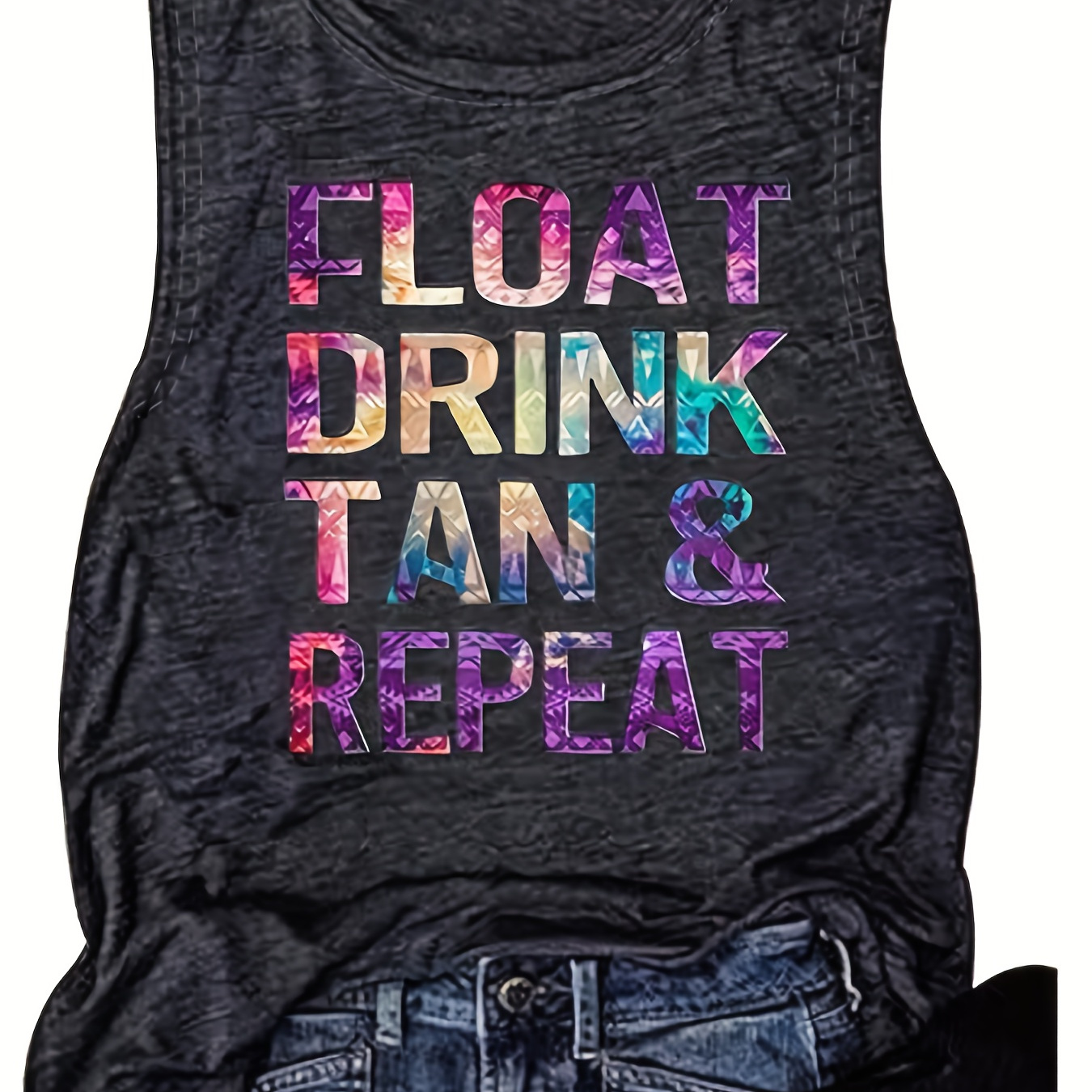 

Drink Tan Print Tank Top, Casual Crew Neck Tank Top For Summer, Women's Clothing