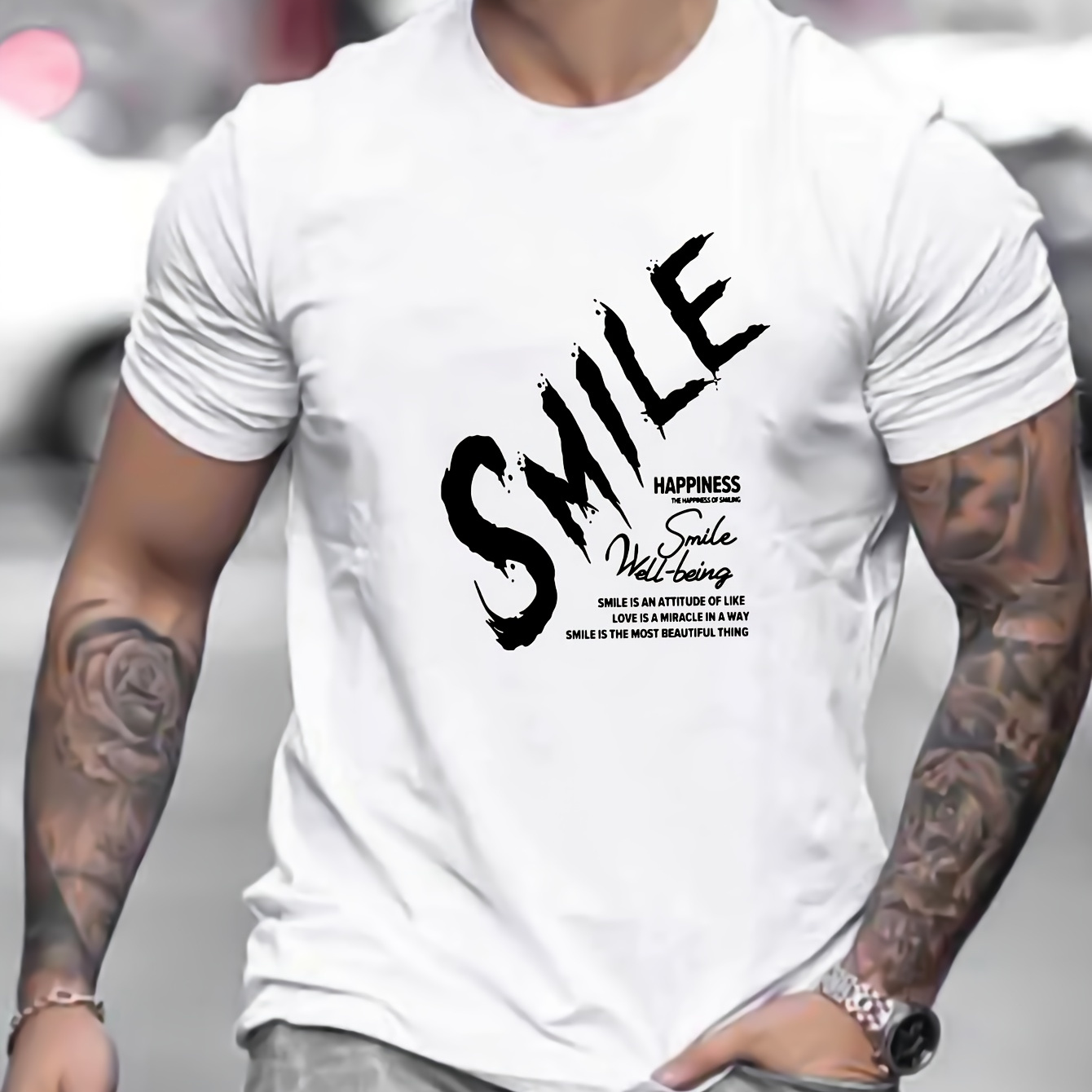 

Men's Pure Cotton T-shirt, Smile Letter Print Short Sleeve Crew Neck Tees For Summer, Casual Outdoor Comfy Clothing For Male