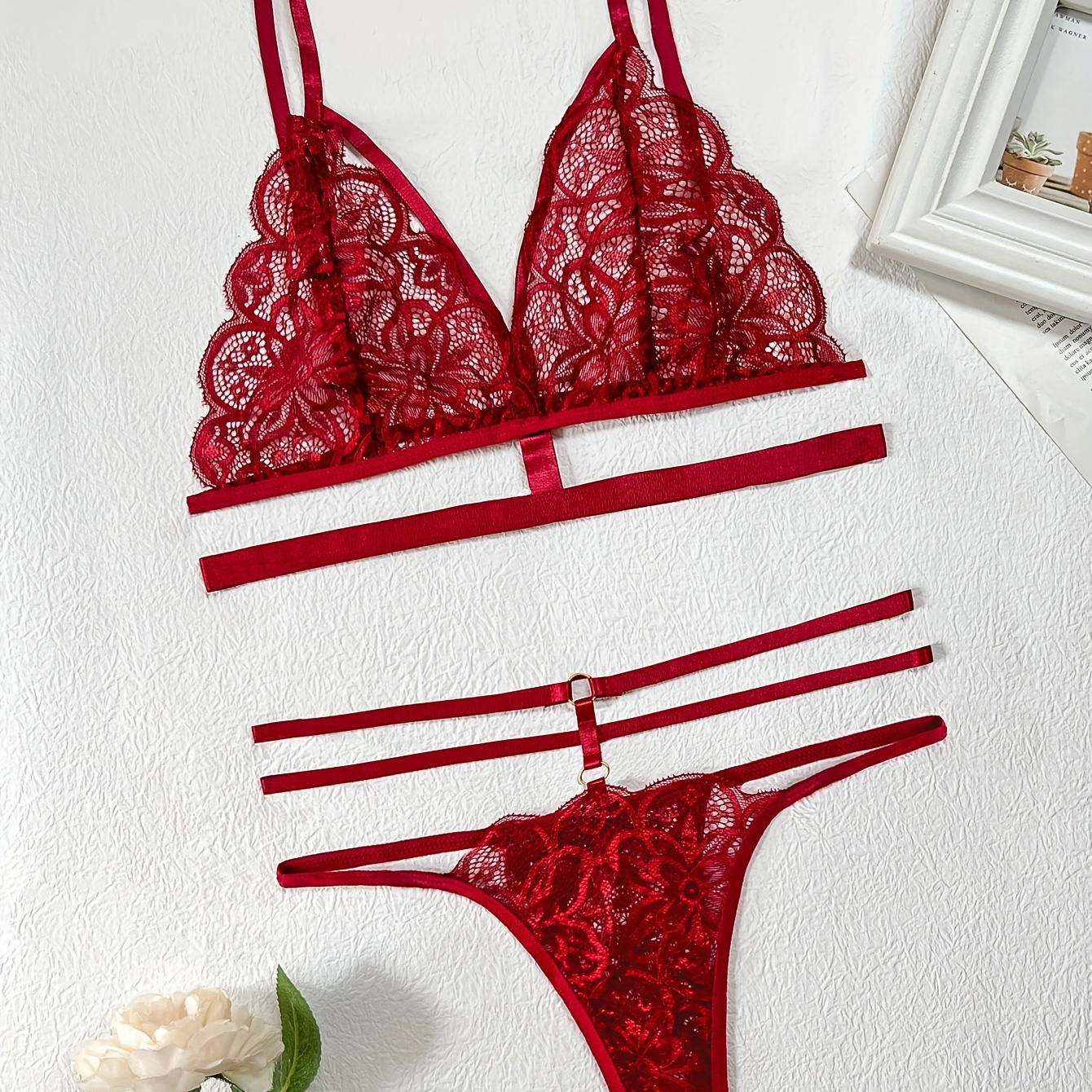 SheIn Women's Sexy lace bra/panty/garter Set burgundy medium (6