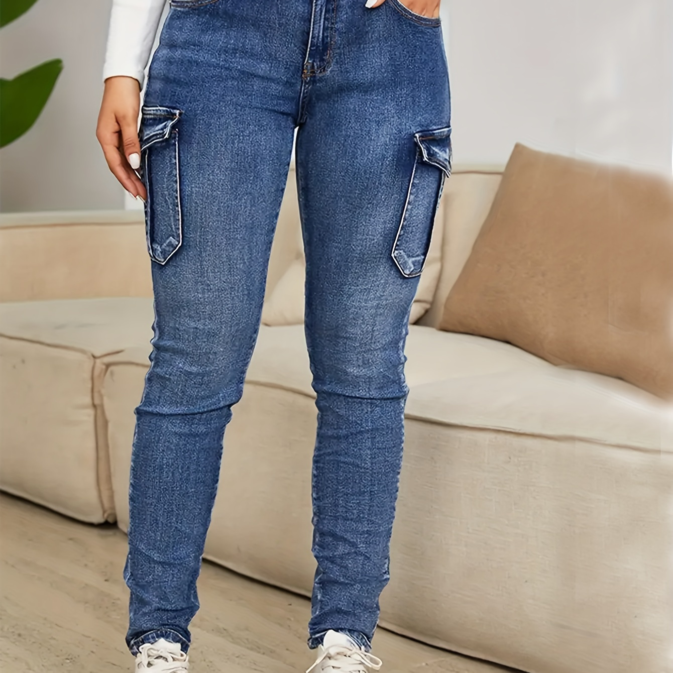 

Side Flap Pocket Skinny Fit Cargo Jeans, Plain Washed Blue Denim Pants, Women's Denim Jeans & Clothing