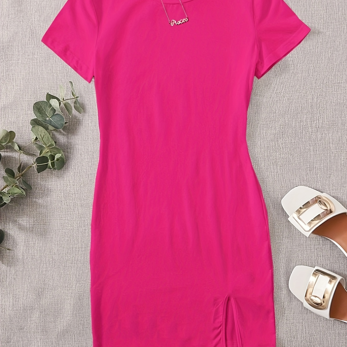 

Solid Color Split Hem Tee Dress, Casual Sleeveless Crew Neck Dress, Women's Clothing