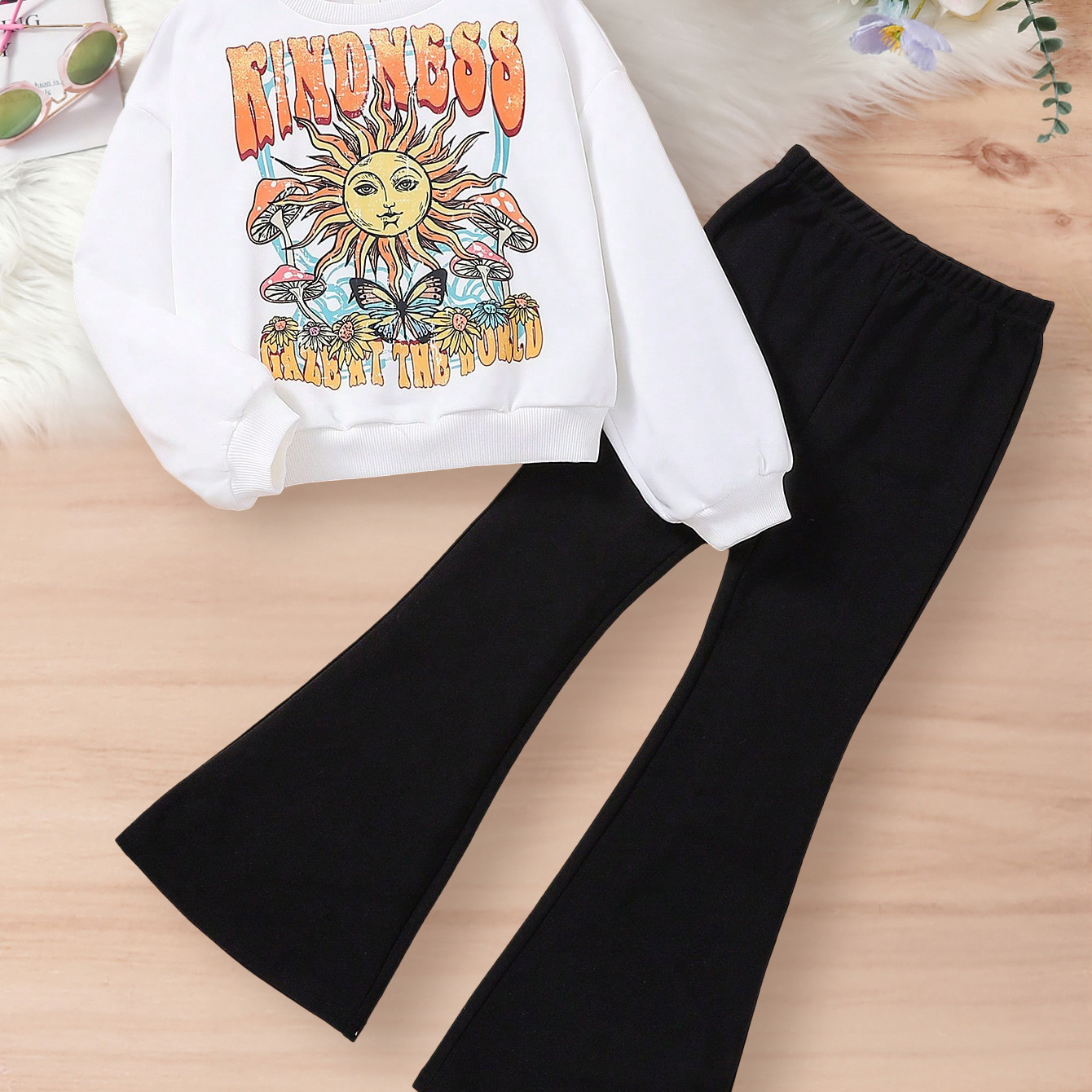 

2pcs/set Vintage Sun Pattern Long Sleeve Sweatshirt Top + Solid Flare-leg Pants Set - Fashion Girls Spring/ Fall Clothes, Party, Gift