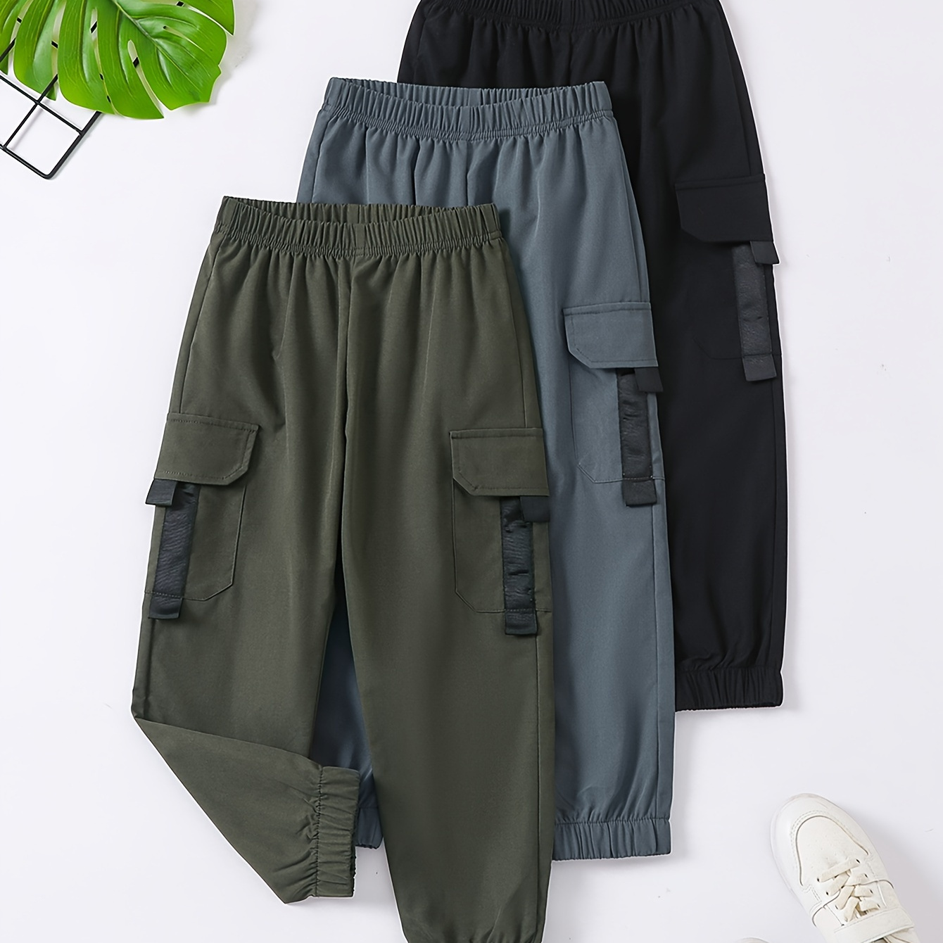 

3-pack Boys Solid Color Cargo Joggers With Side Taped Detail, Casual Sporty Pants, Cargo Trousers For Spring/summer/autumn Outdoor Wear