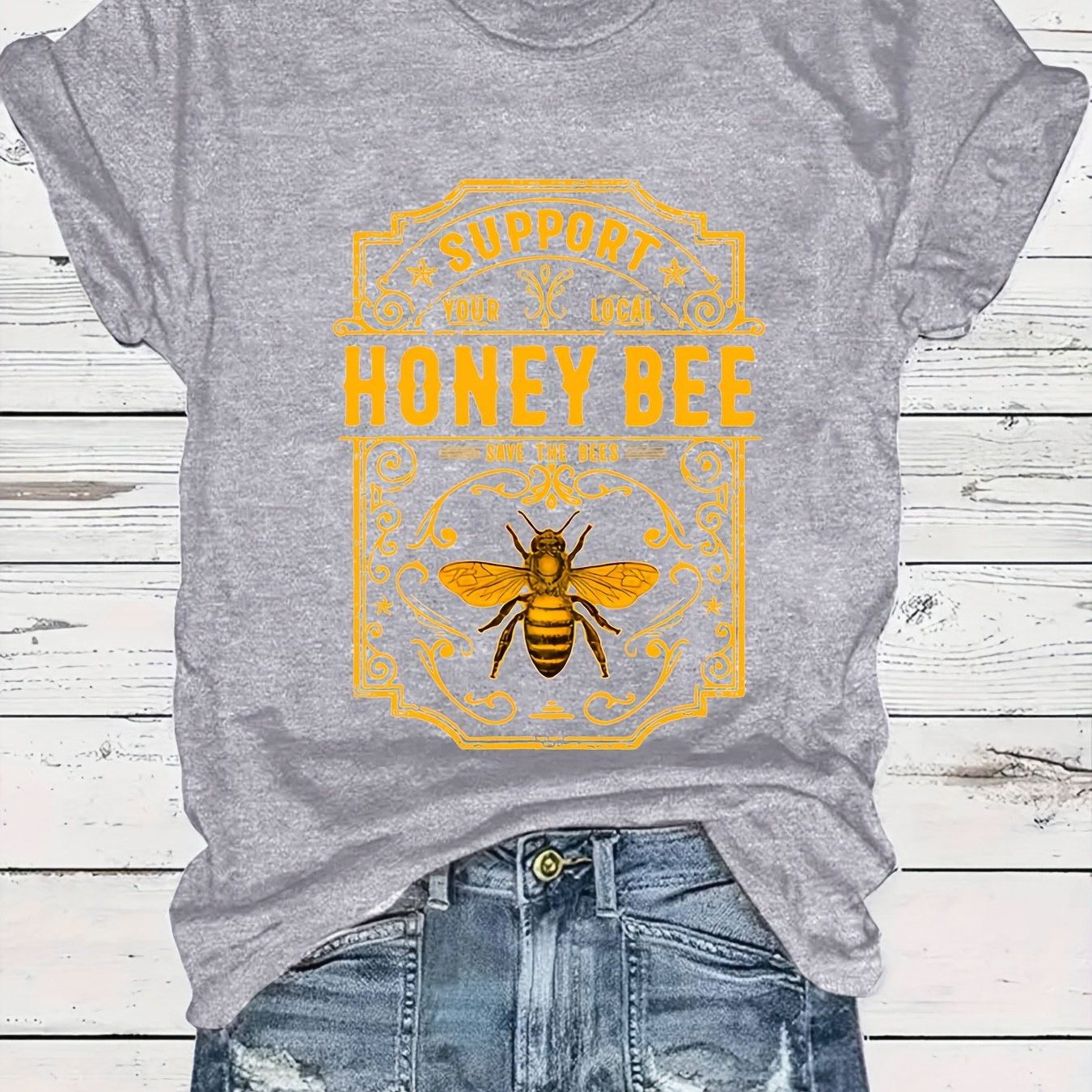 

Size Bee Graphic Tee - Casual Crew Neck Short Sleeve T-shirt For Women, Breathable Polyester, Machine Washable