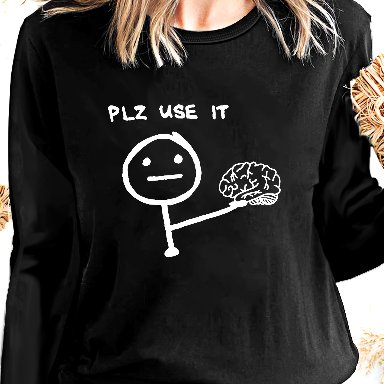 

Funny Casual T-shirt, Crew Neck Long Sleeve Top For Spring & Fall, Women's Clothing