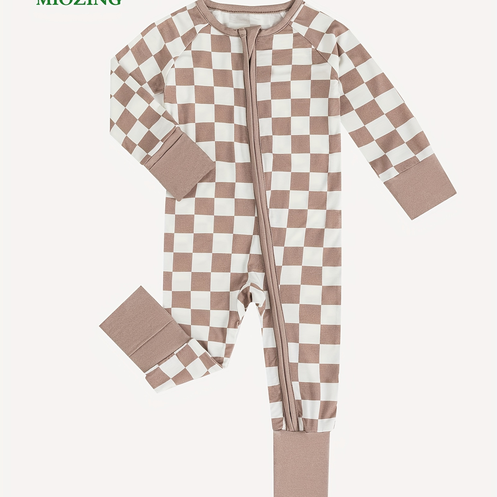 

Miozing Bamboo Fiber Fabric Baby Boys Classic Checkboard Pattern Jumpsuit With Foldable Foot Cover, Infant Long Sleeve Zip Up Romper