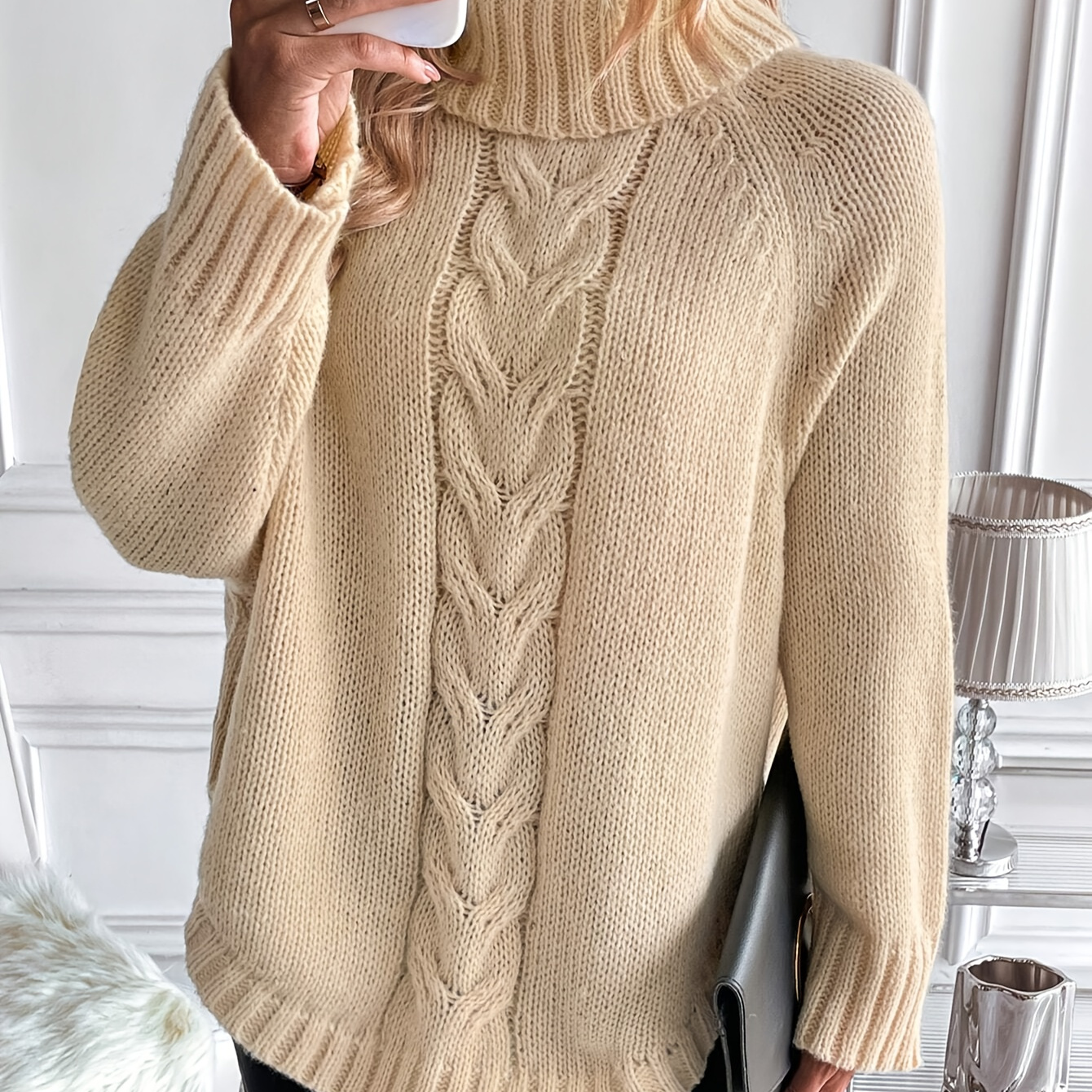 

Cable Knit Turtle Neck Sweater, Casual Long Sleeve Sweater For Fall & Winter, Women's Clothing