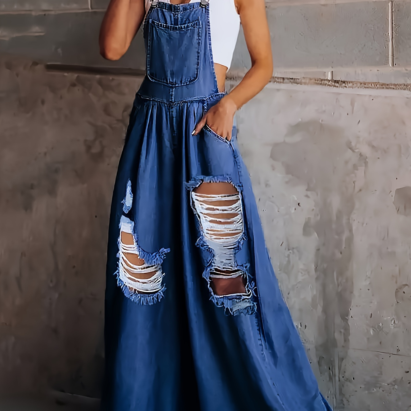 

Ripped Holes Casual Denim Jumpsuit, Loose Fit Slant Pockets Distressed Denim Oevrall, Women's Denim Clothing