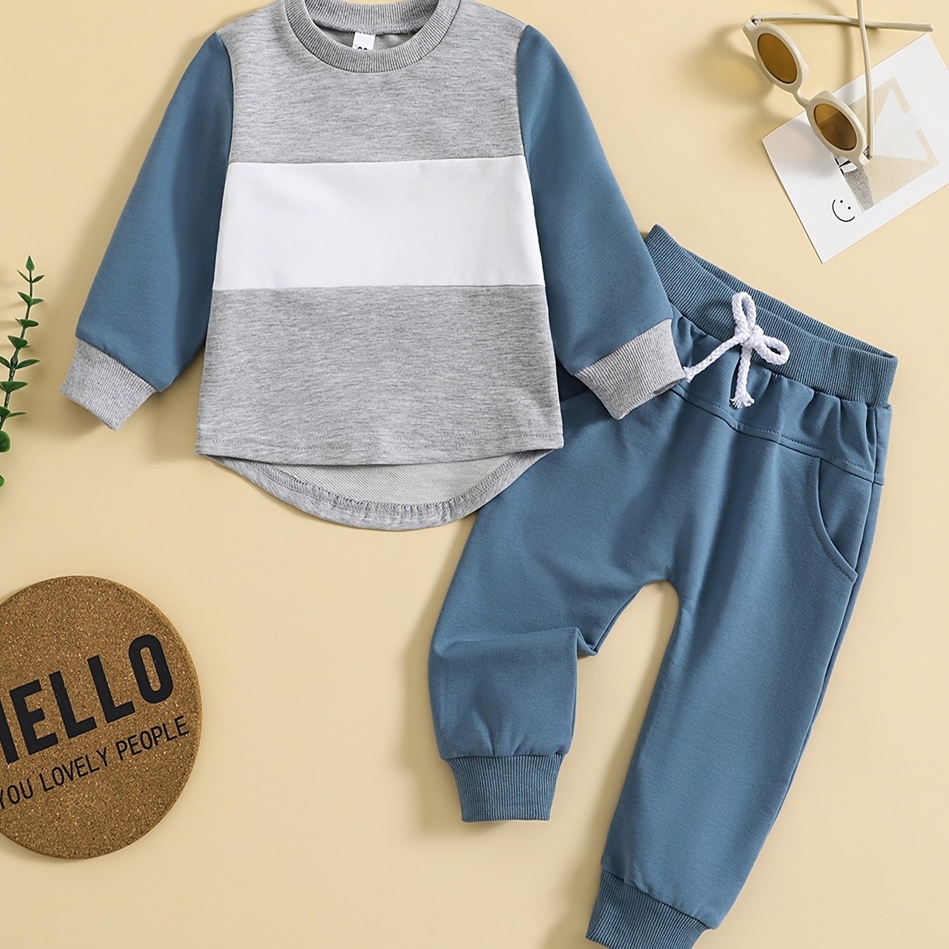 

2pcs Baby Boy's Color Clash Casual Outfit, Long Sleeve Top & Pants Set, Baby's Clothing For Fall Winter, As Gift