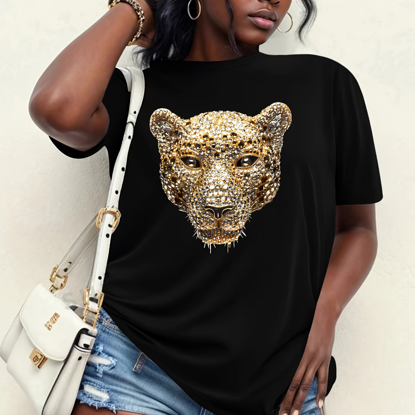 

Plus Size Leopard Print T-shirt, Casual Crew Neck Short Sleeve T-shirt, Women's Plus Size clothing