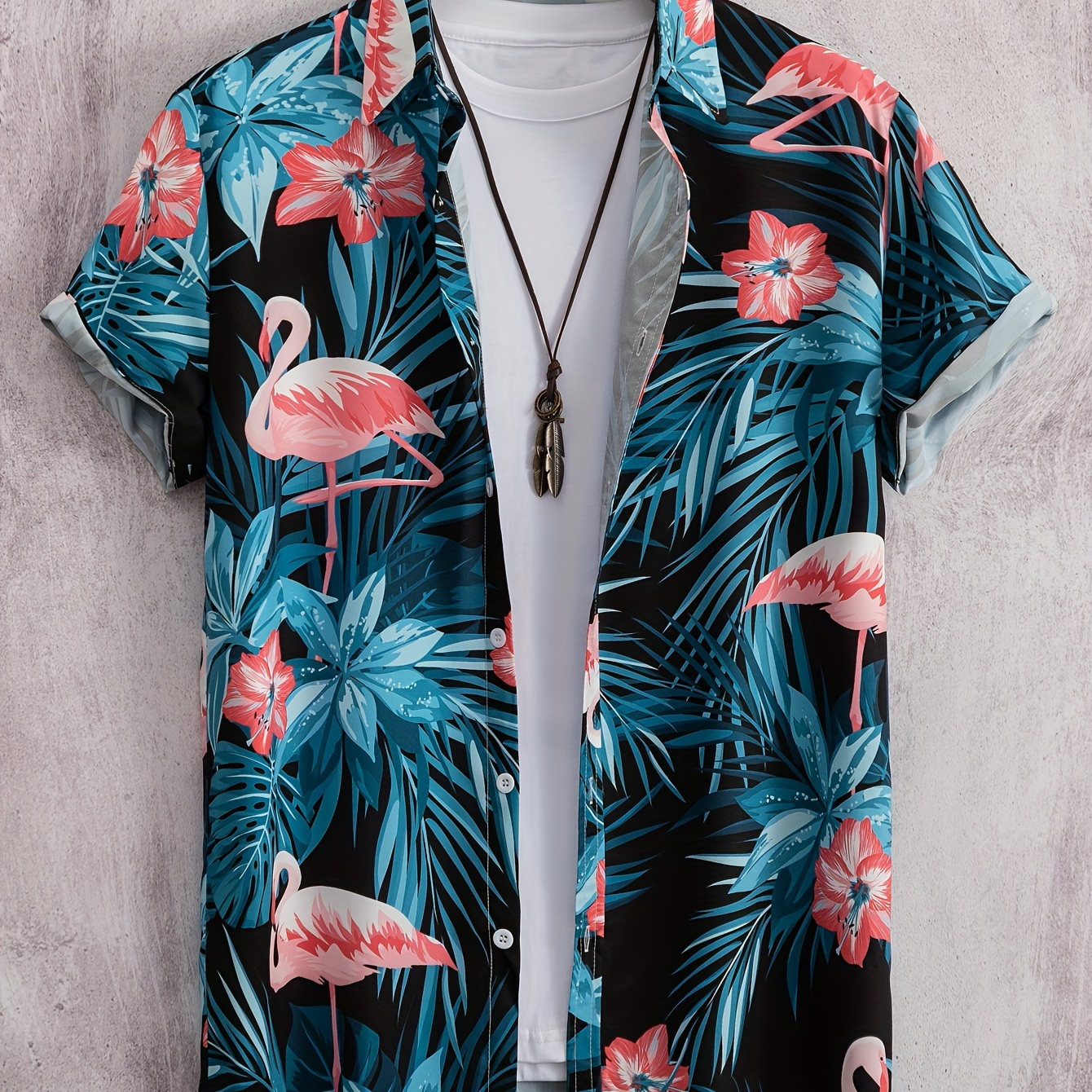

Men's Flamingo Graphic Print Shirt, Casual Lapel Button Up Short Sleeve Shirt For Summer Outdoor Activities