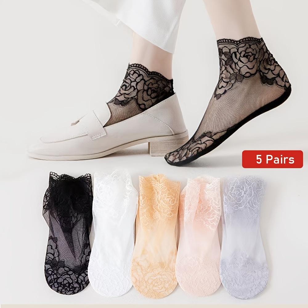 3 Pairs Flower Lace Ankle Socks Low Cut Non Slip Short Socks