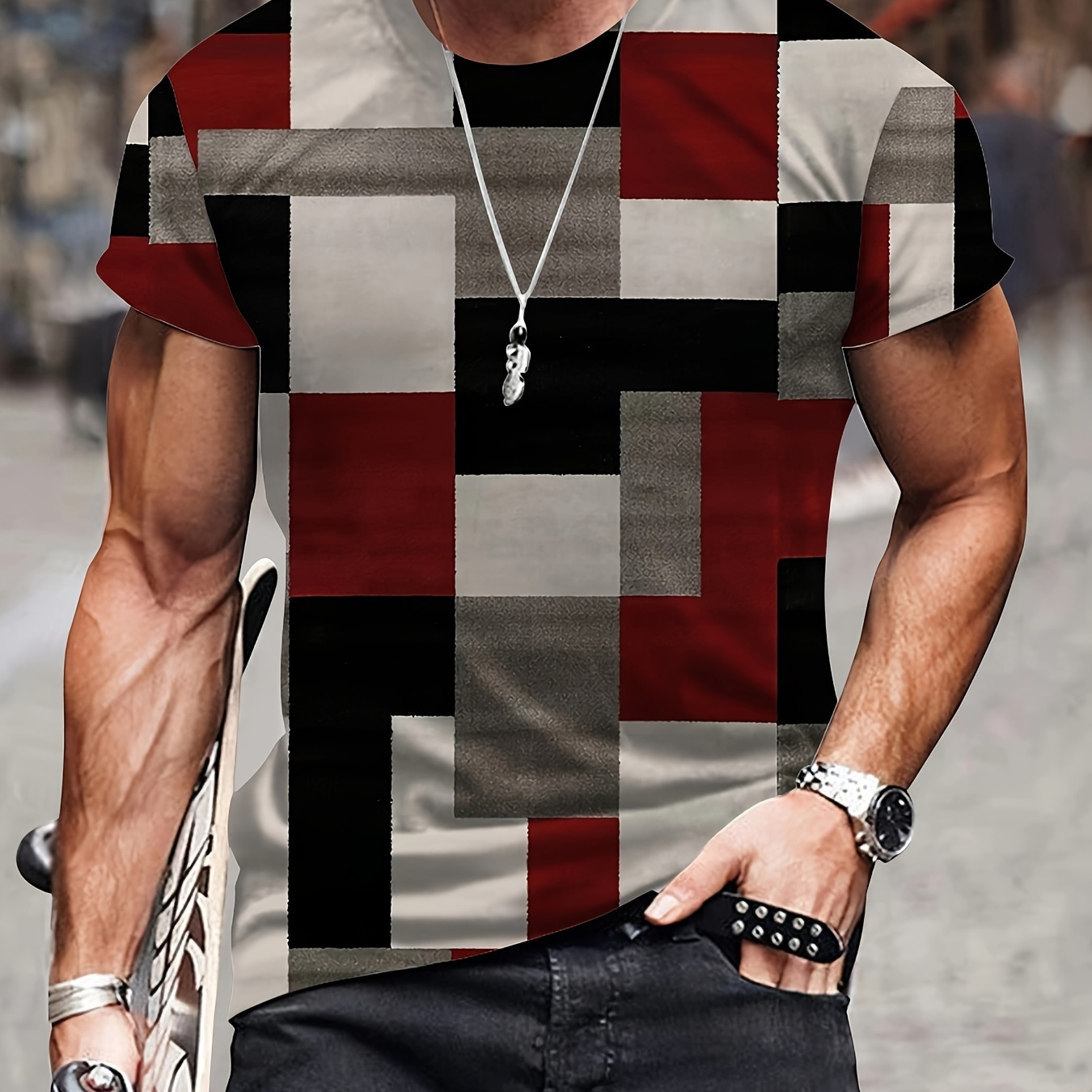 

3d Plaid Geometric Print Men's Fashion Short Sleeve Crew Neck T-shirt, Summer Outdoor